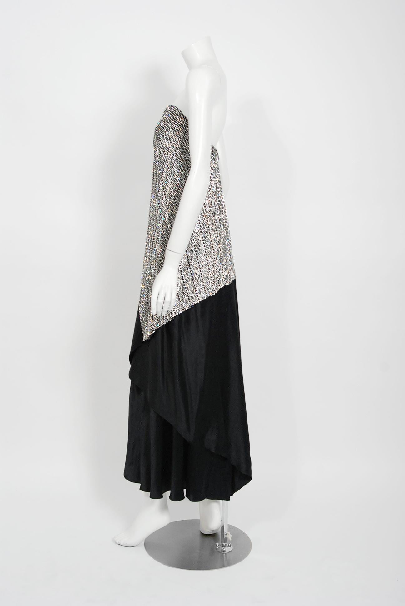 1975 Stavropoulos Black Silk Satin Rhinestone Strapless Asymmetric Draped Gown  2