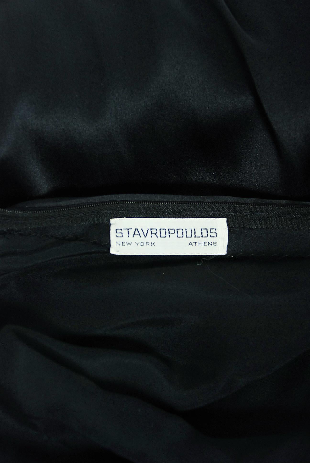 1975 Stavropoulos Black Silk Satin Rhinestone Strapless Asymmetric Draped Gown  5