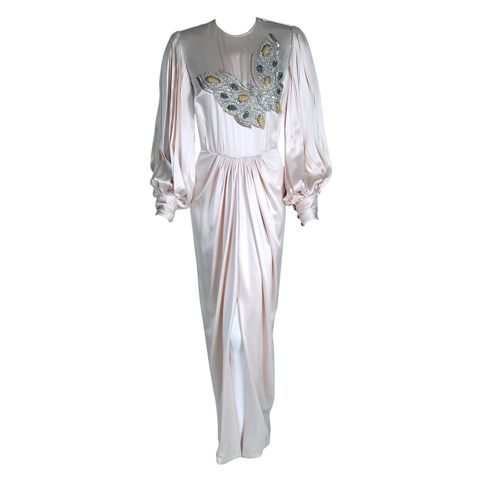 1970's Galanos Ivory-White Satin Beaded Butterfly Billow-Sleeves Draped Gown