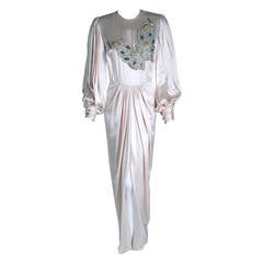 1970's Galanos Ivory-White Satin Beaded Butterfly Billow-Sleeves Draped Gown