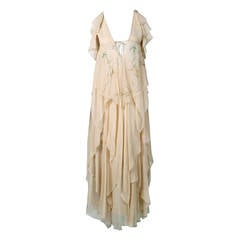 1970's Ethereal Creme Floral Silk-Chiffon Pintuck Low-Plunge Tiered Dress Set