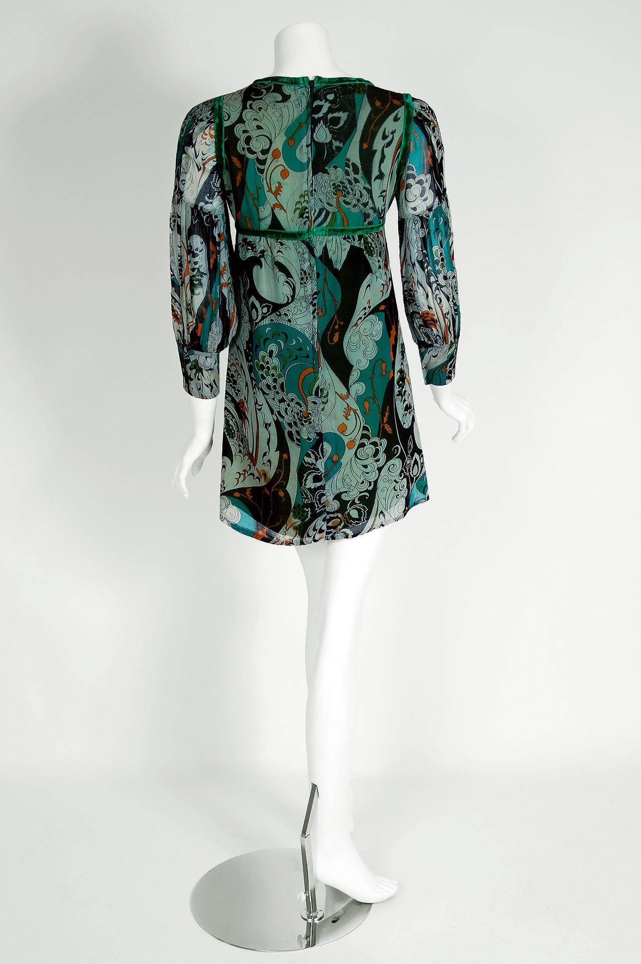 1970's Thea Porter Green Art-Nouveau Cotton Billow-Sleeve Gypsy Mini Dress 1