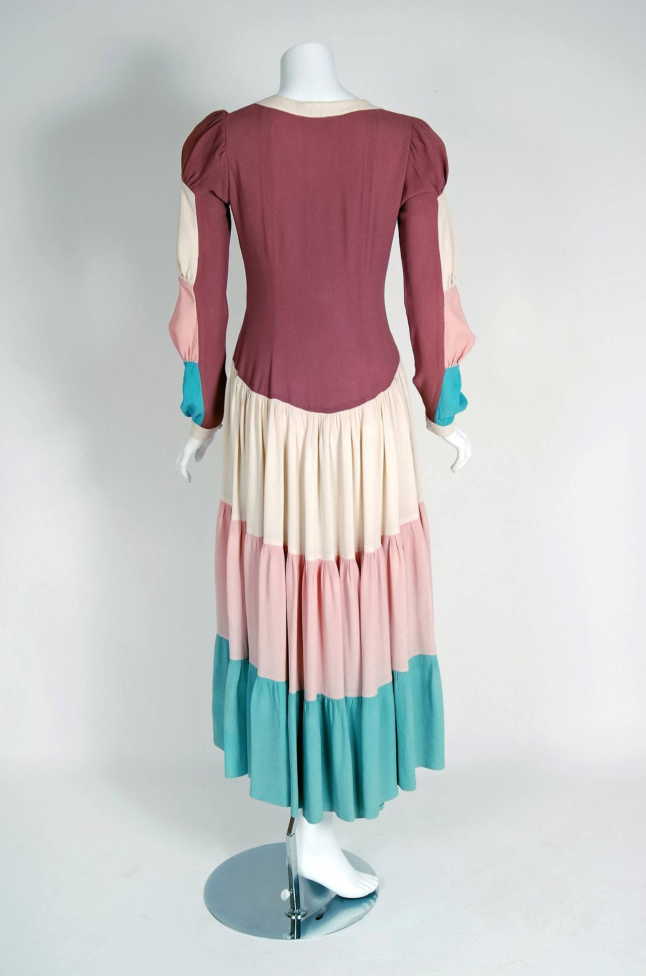 Women's 1970's Ossie Clark Couture Block-Color Tiered Pastel Moss-Crepe Plunge Dress