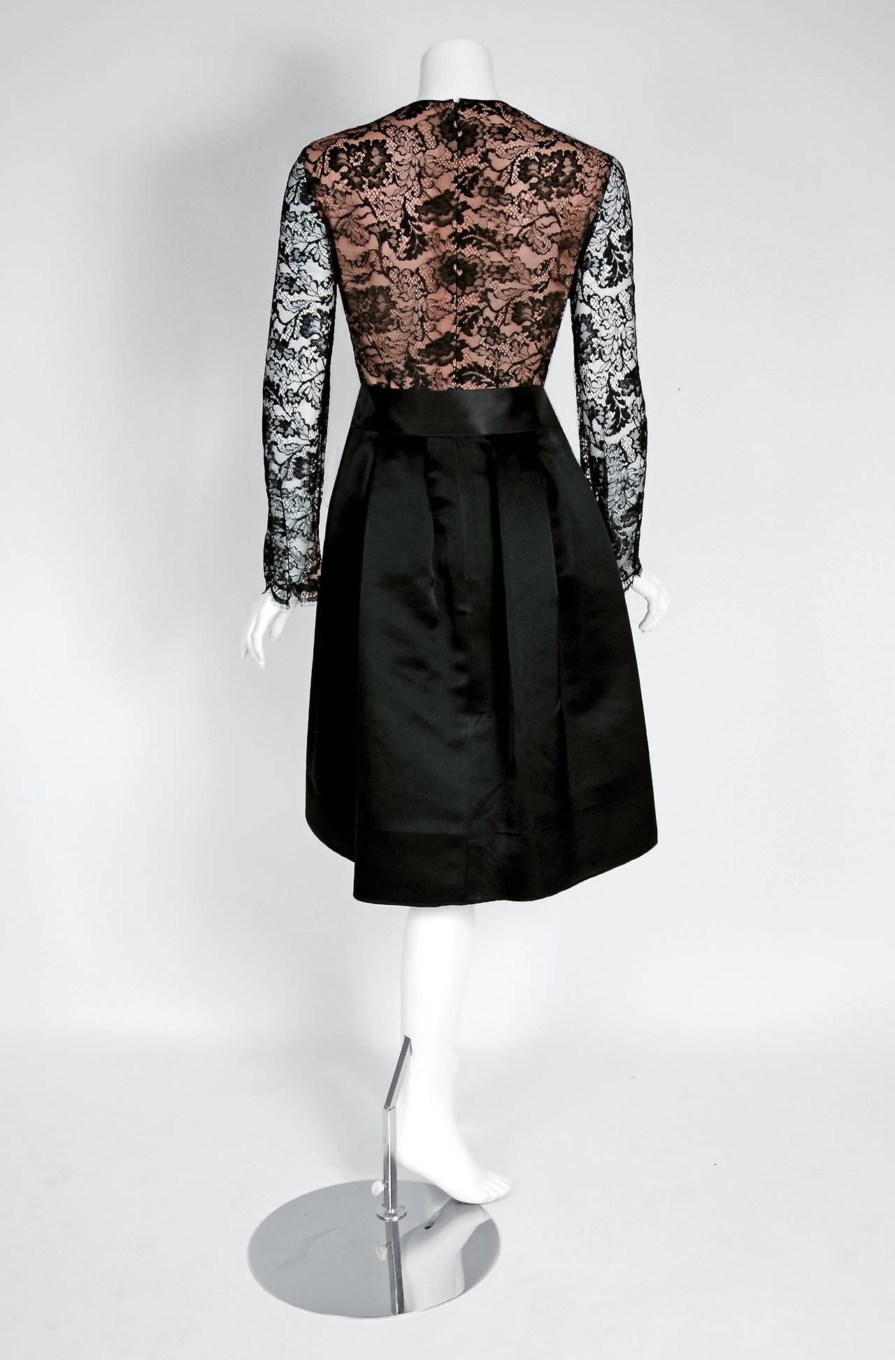 Women's 1970's Galanos Beaded Rhinestone Lace-Illusion & Satin Black Party Dress