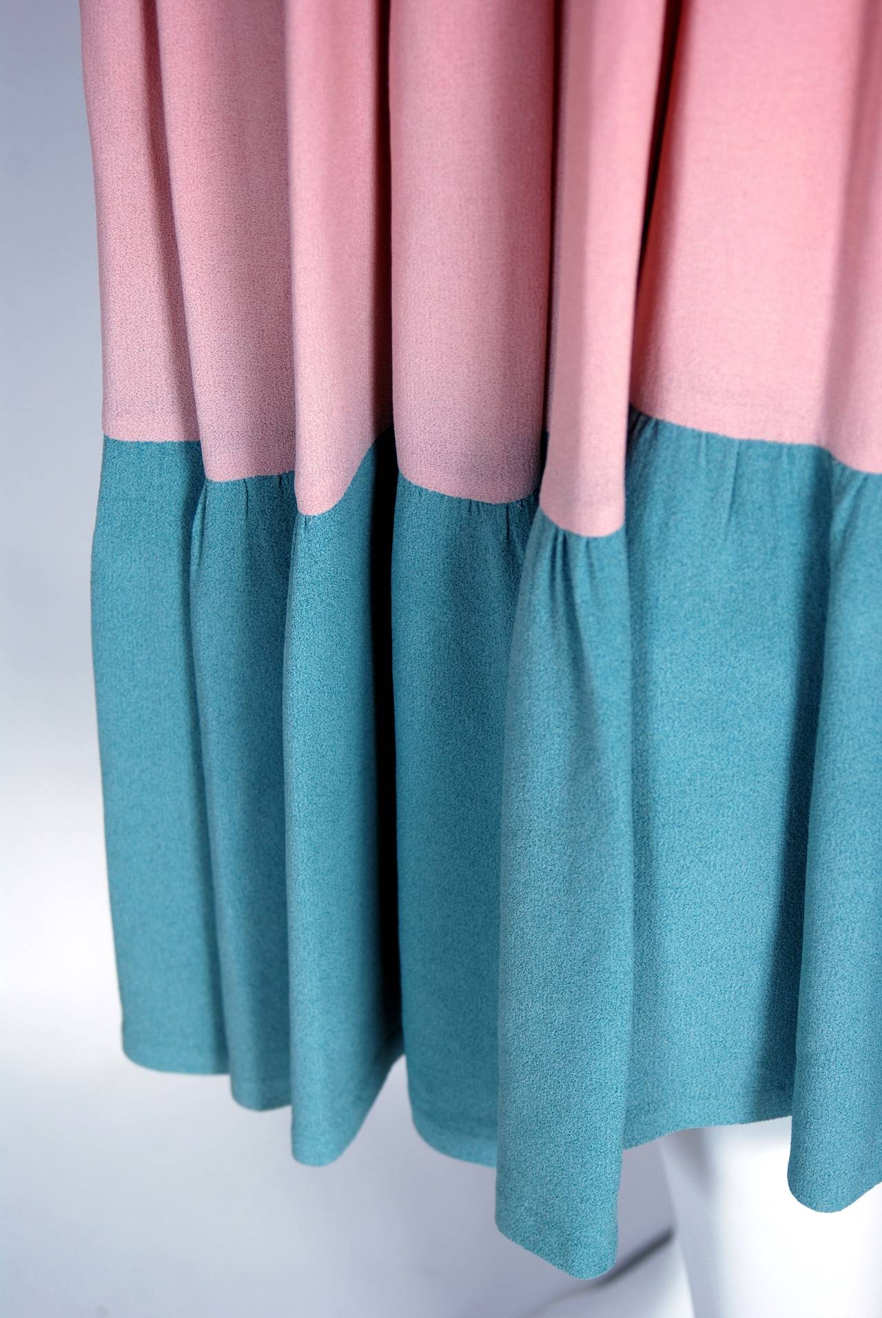 1970's Ossie Clark Couture Block-Color Tiered Pastel Moss-Crepe Plunge Dress In Excellent Condition In Beverly Hills, CA
