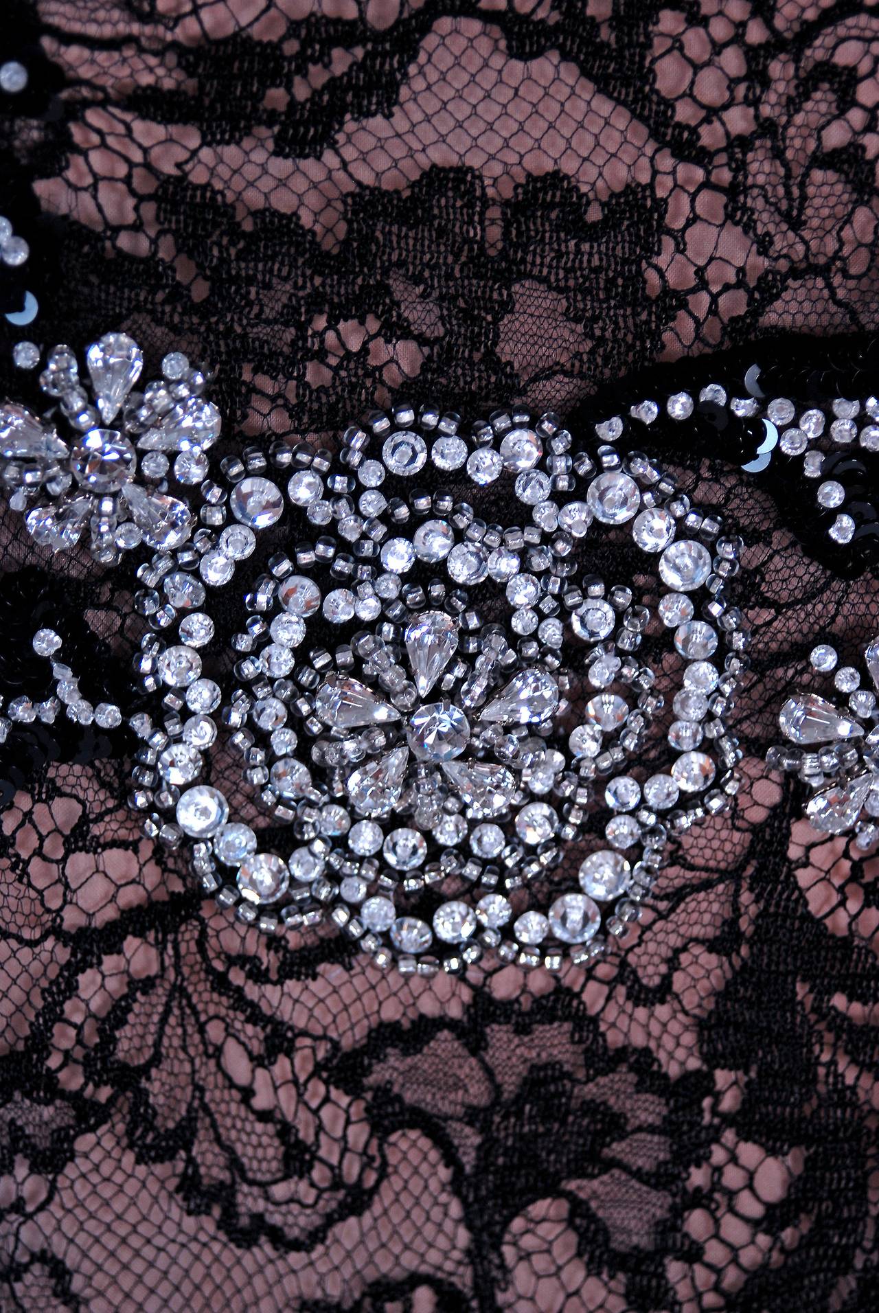 1970's Galanos Beaded Rhinestone Lace-Illusion & Satin Black Party Dress In Excellent Condition In Beverly Hills, CA