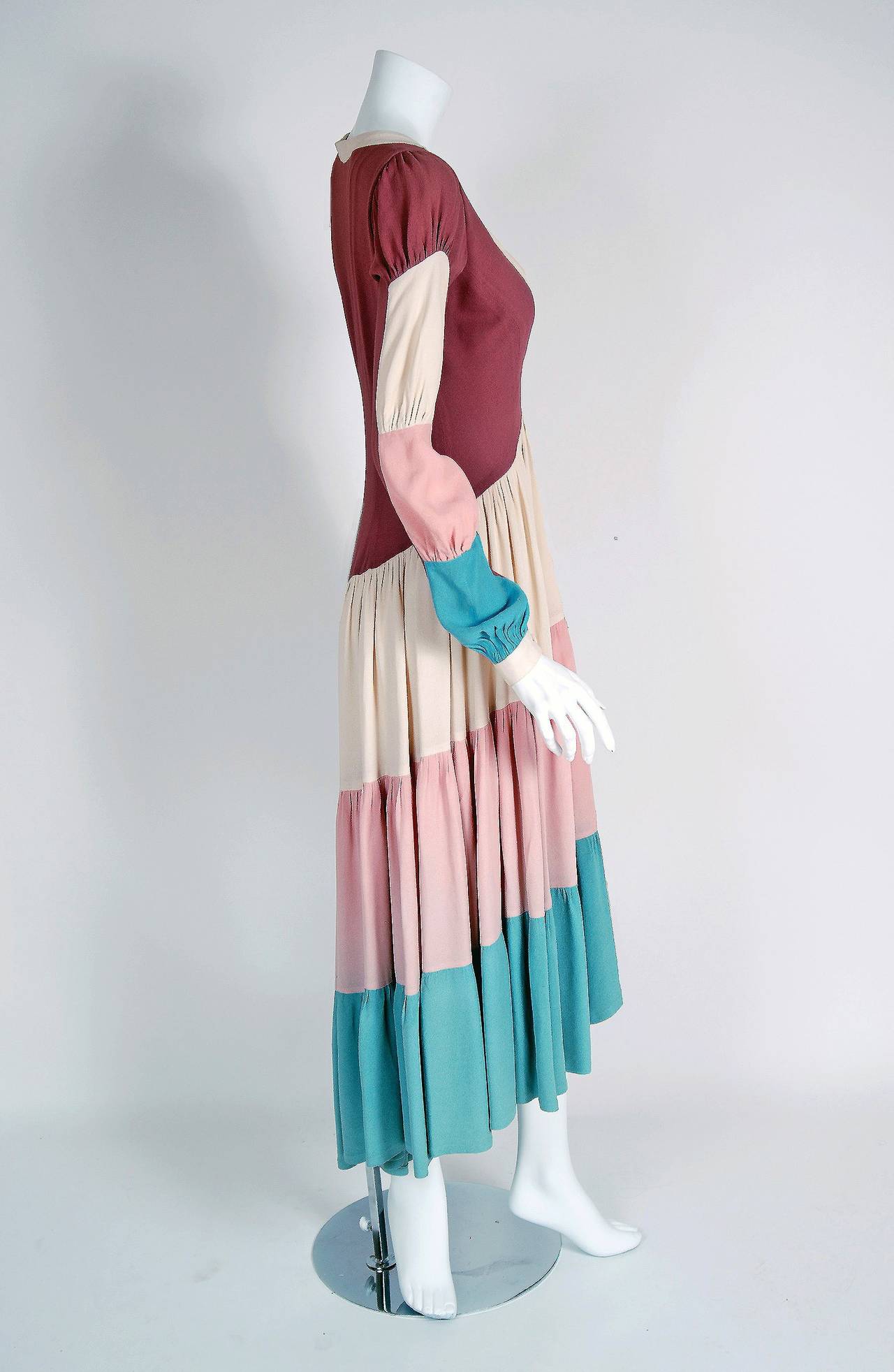 Gray 1970's Ossie Clark Couture Block-Color Tiered Pastel Moss-Crepe Plunge Dress