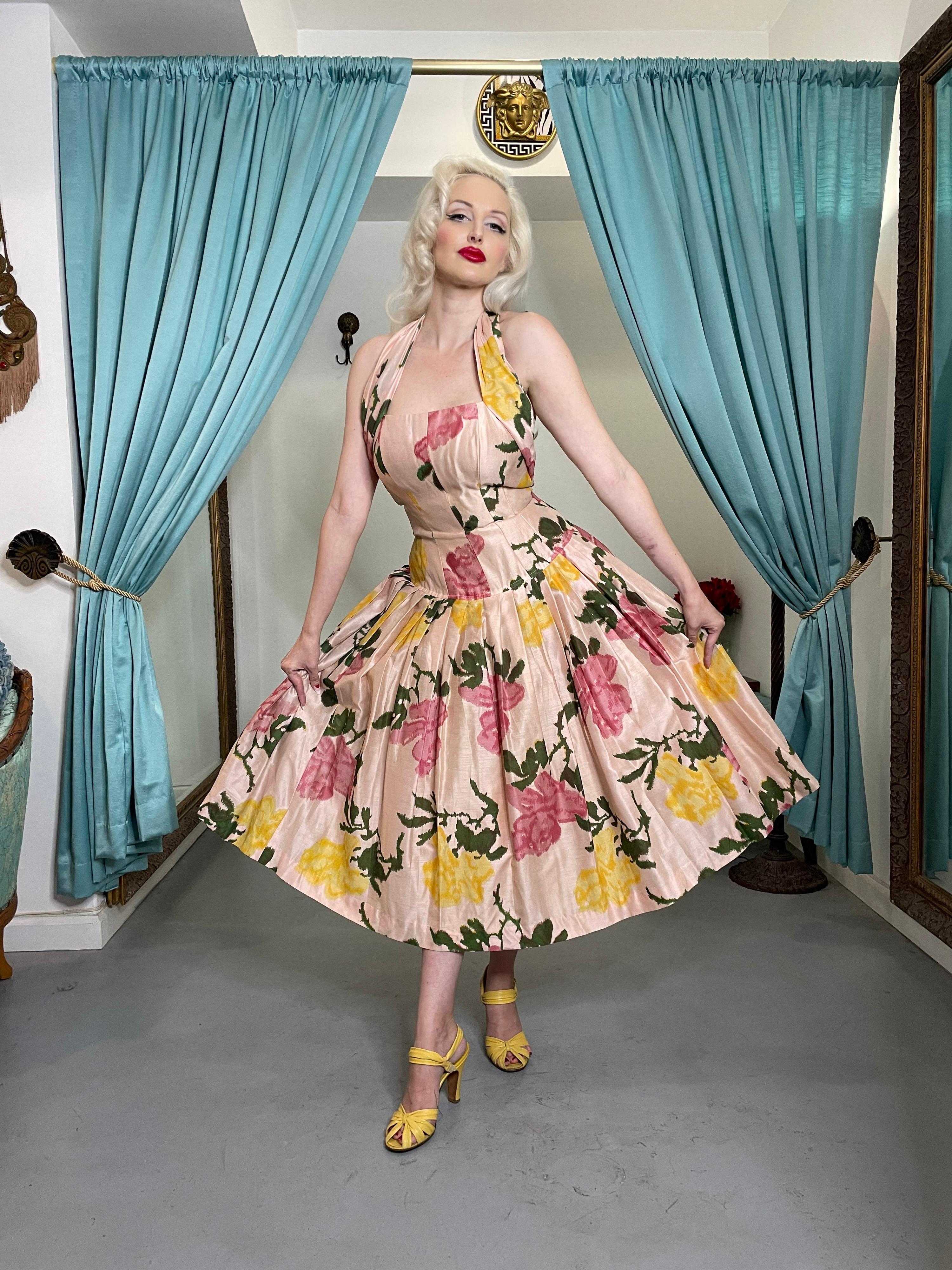 size S Vintage 1950s cream floral print silk cocktail circle dress