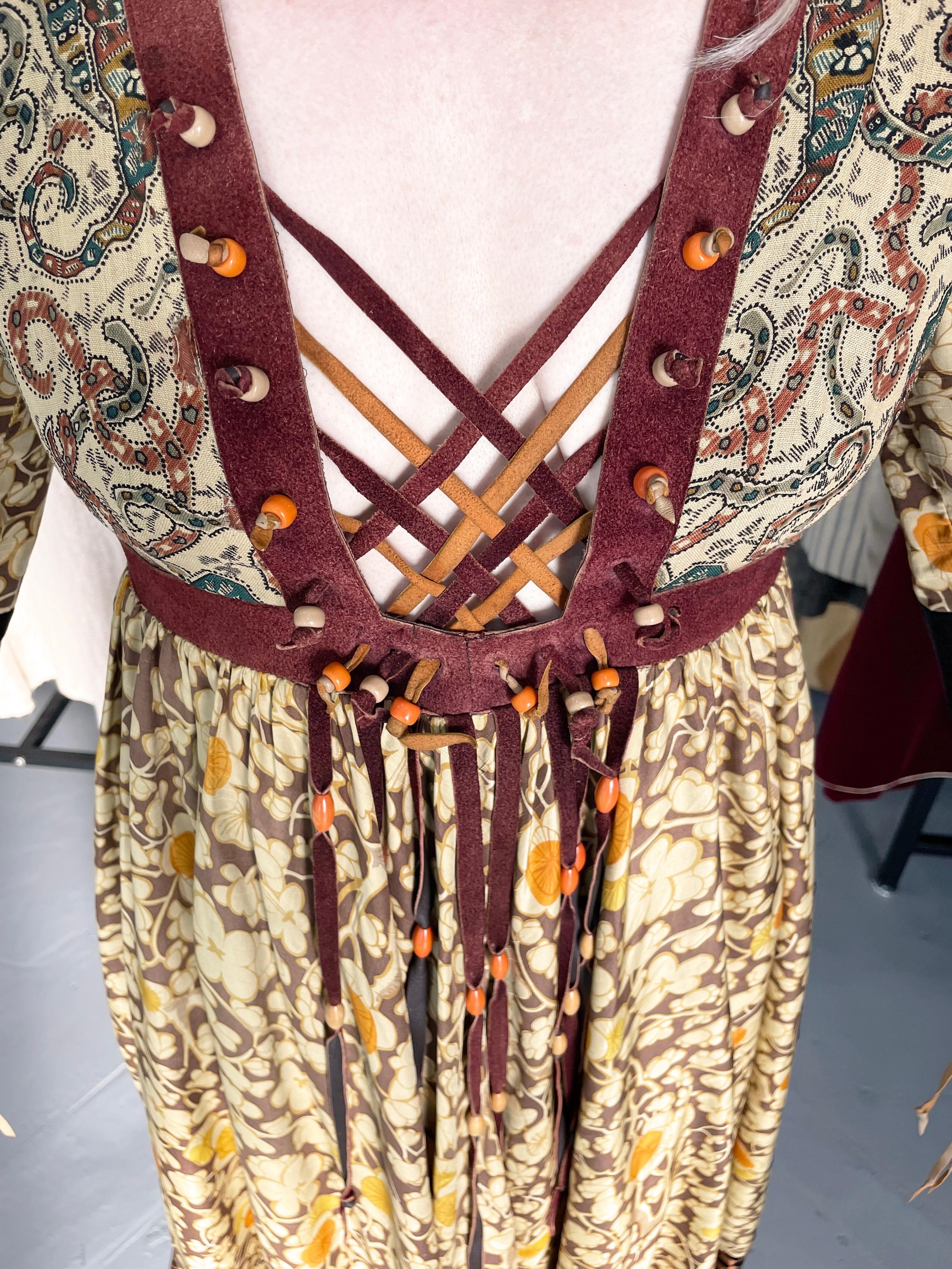 Vintage 1970 Bill Gibb Bohemian Floral Silk & Suede Beaded Fringe Lace-Up Dress In Good Condition In Beverly Hills, CA