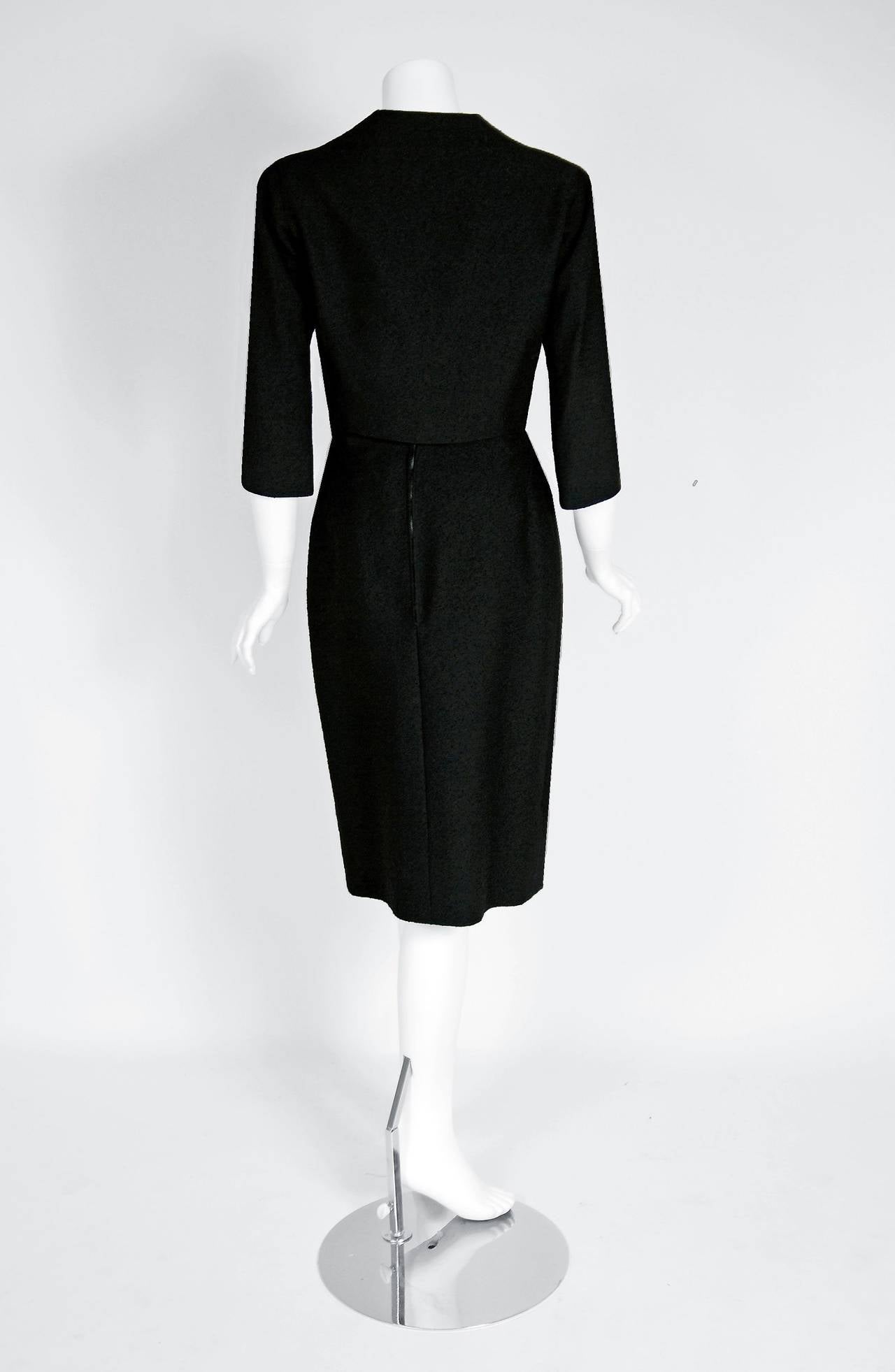 1950's Jean Desses Haute-Couture Black Wool Sculpted Hourglass Dress Ensemble 1