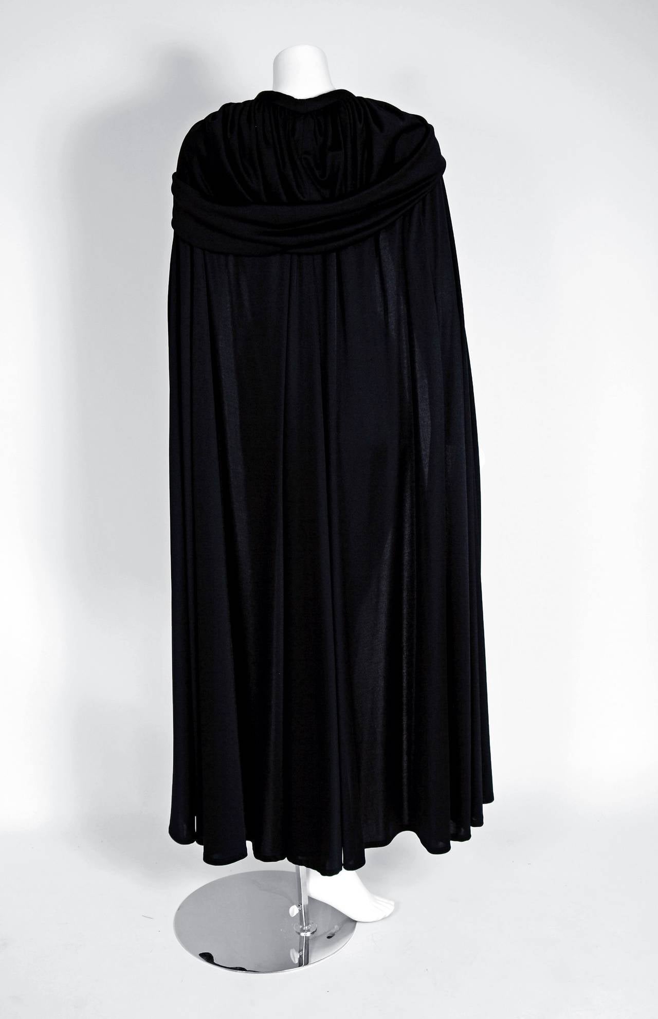 Women's 1970's Loris Azzaro Dramatic Black Silk-Jersey Hooded Maxi Full-Length Cape