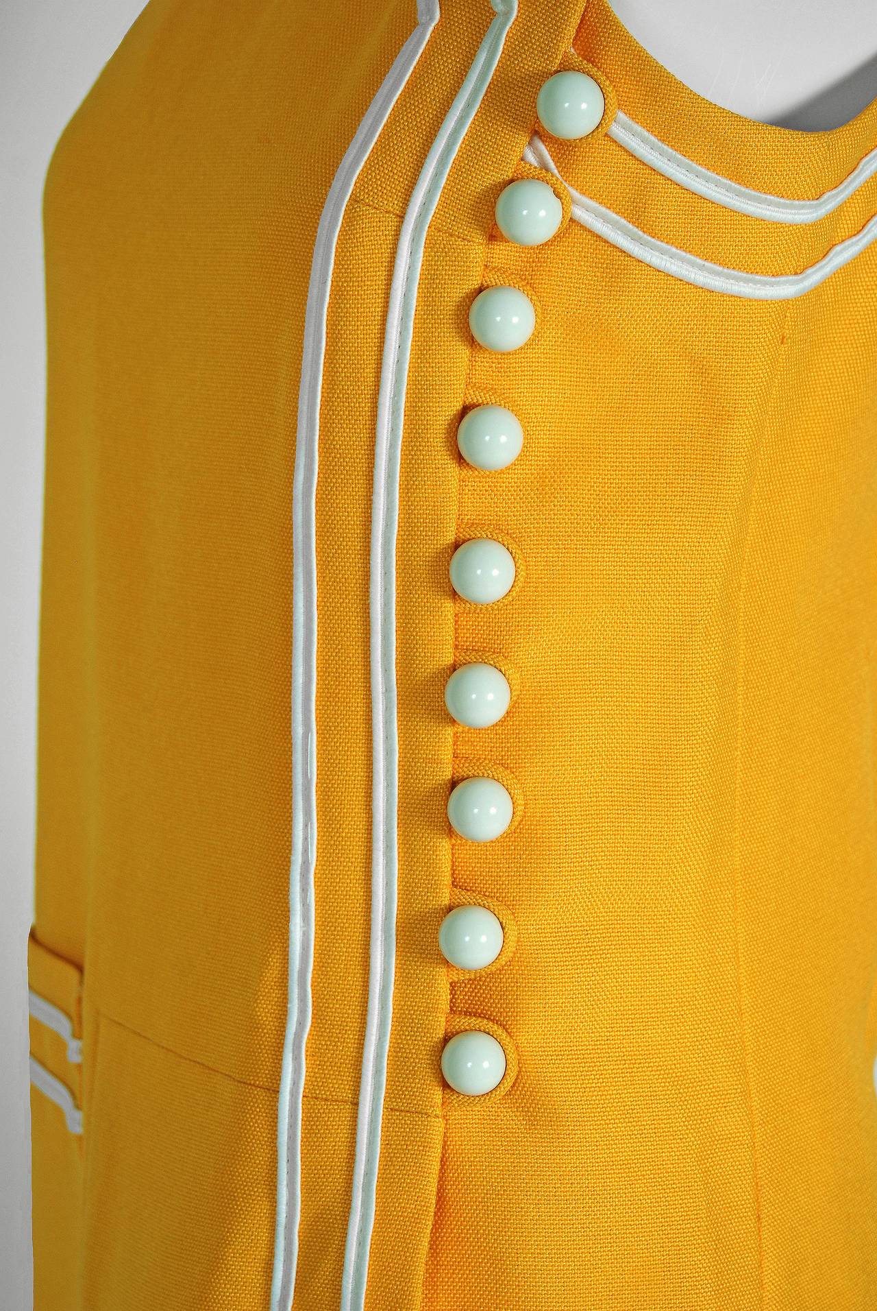 Women's 1969 Pierre Cardin Documented Yellow Linen Space-Age Stripe Mod Dress & Shorts