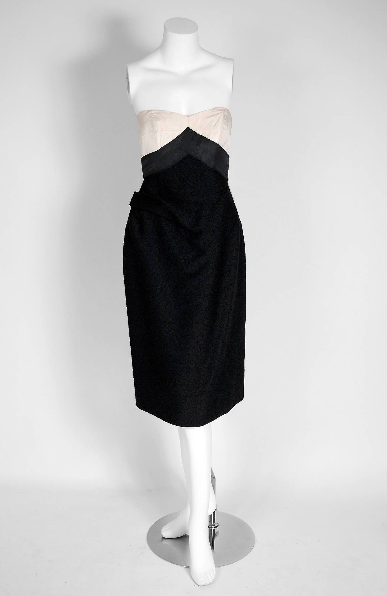 Women's 1950's Jean Desses Haute-Couture Black Wool Sculpted Hourglass Dress Ensemble
