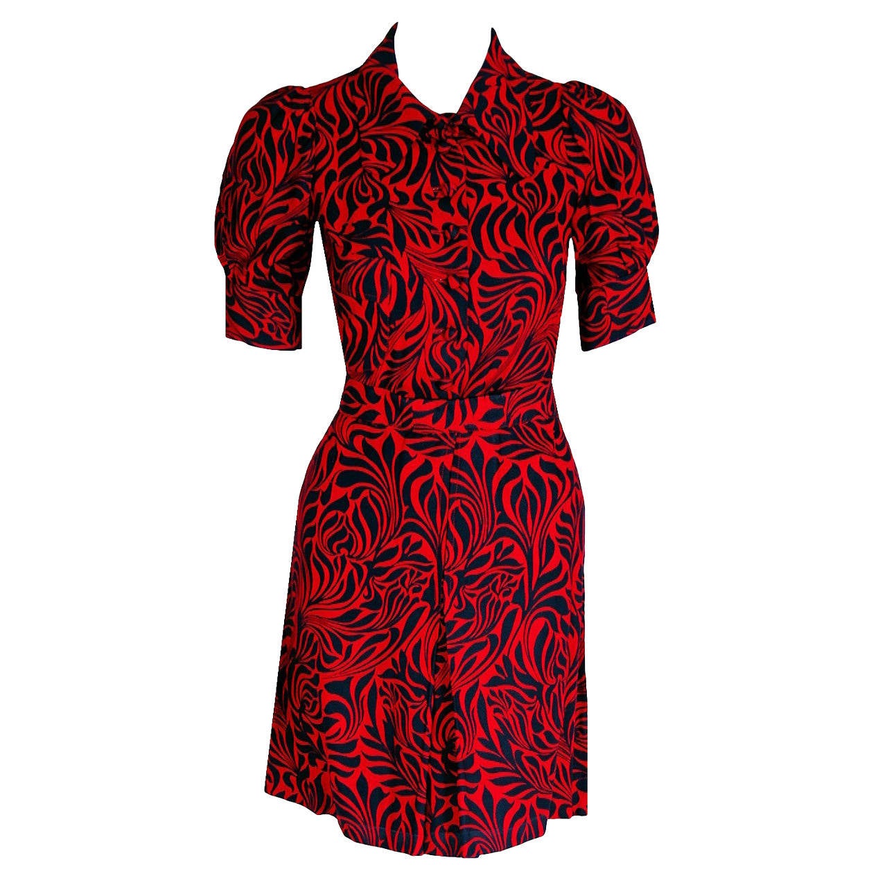 1960's Biba Red & Navy Art-Nouveau Print Cotton Puff-Sleeve Mini Dress Ensemble