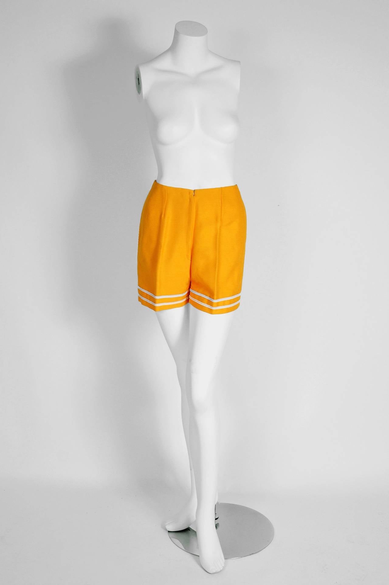 1969 Pierre Cardin Documented Yellow Linen Space-Age Stripe Mod Dress & Shorts 1