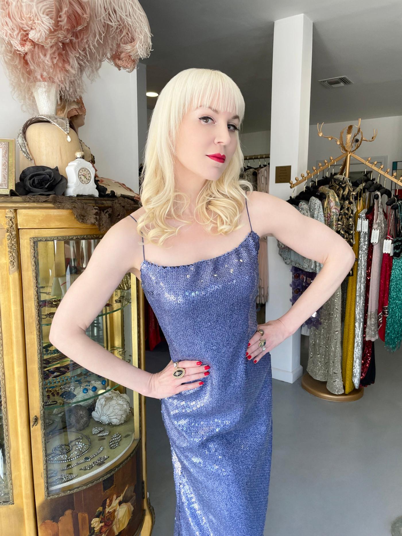 2000 Christian Dior by John Galliano Fully-Sequin Ocean Blue Bias-Cut Slip Gown  In Good Condition In Beverly Hills, CA
