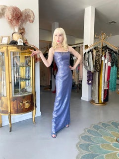 2000 Christian Dior by John Galliano Fully-Sequin Ocean Blue Bias-Cut Slip Gown