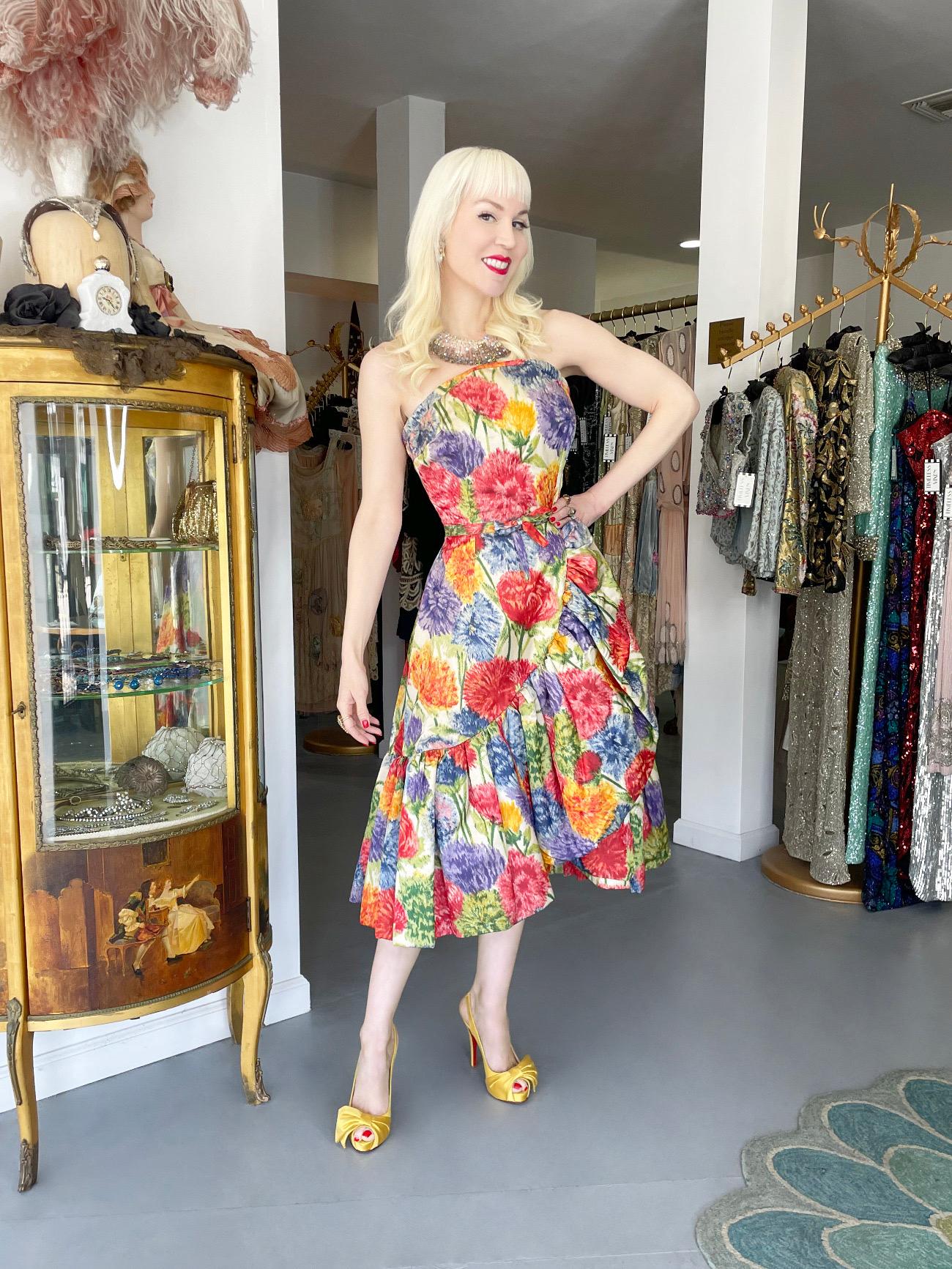1950s Arnold Scaasi Couture Colorful Floral Silk Strapless Dress & Swing Jacket  In Good Condition In Beverly Hills, CA