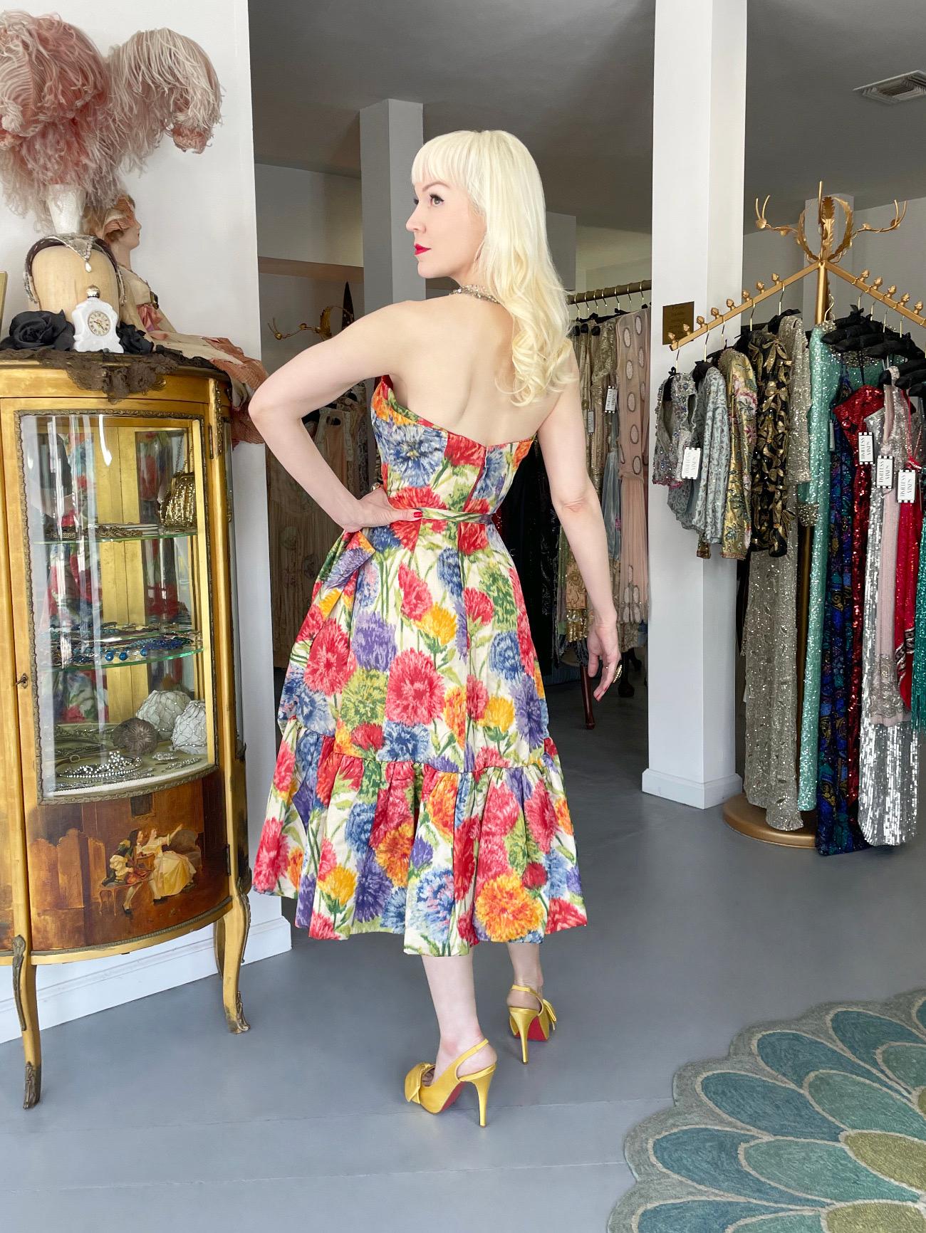 1950s Arnold Scaasi Couture Colorful Floral Silk Strapless Dress & Swing Jacket  1