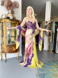 Rare 2005 Roberto Cavalli Large-Scale Floral Silk Bustier High-Slit Gown & Shawl