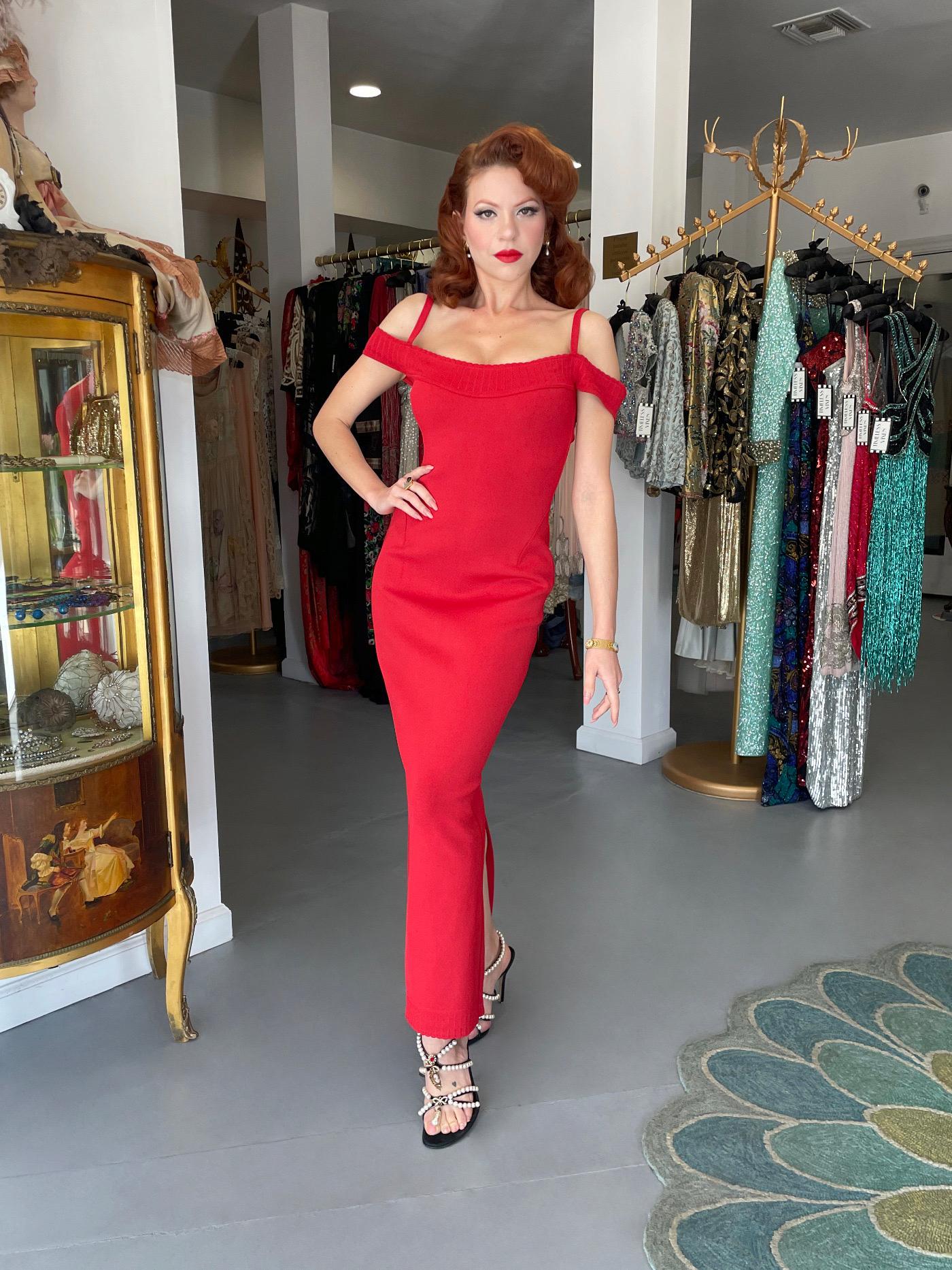 1992 Azzedine Alaia Red Stretch Knit Cold-Shoulder Bodycon Hourglass Maxi Dress 4