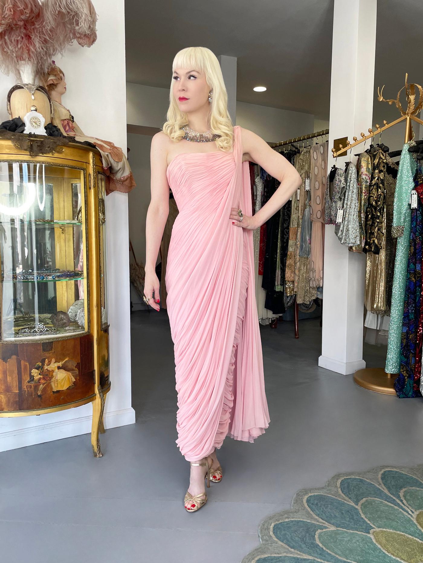 1958 Jean Dessès Haute Couture Documented Pink Ruched Silk Chiffon Goddess Gown In Good Condition For Sale In Beverly Hills, CA