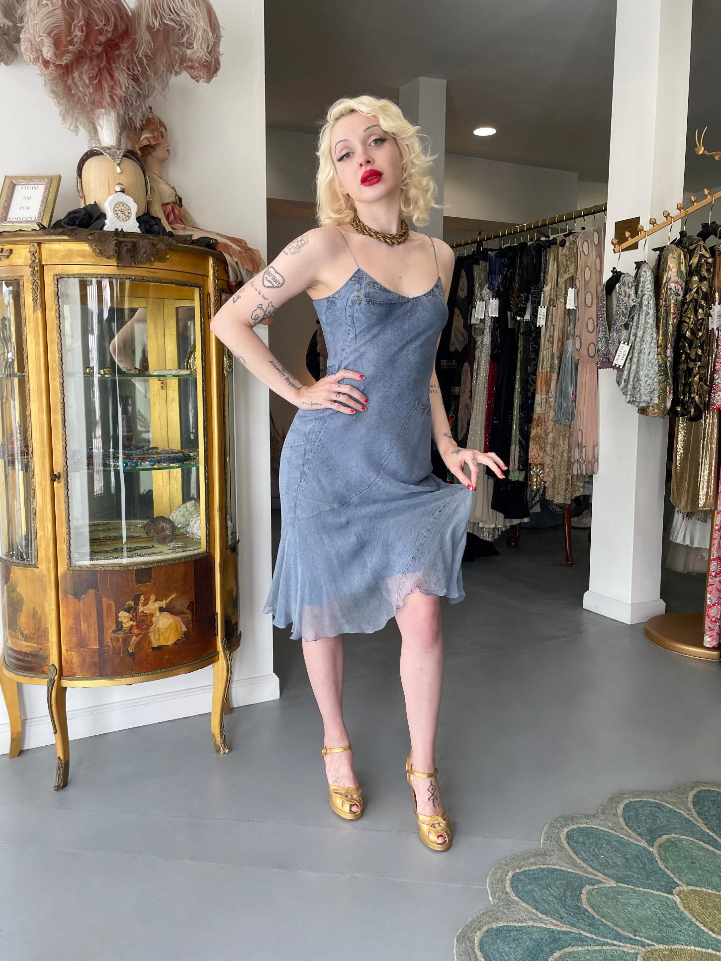 2000 Christian Dior by Galliano Trompe L'oeil Denim Print Silk Bias-Cut Dress In Good Condition In Beverly Hills, CA