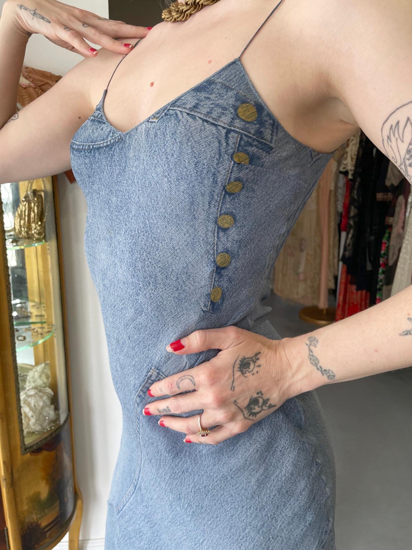 Women's 2000 Christian Dior by Galliano Trompe L'oeil Denim Print Silk Bias-Cut Dress
