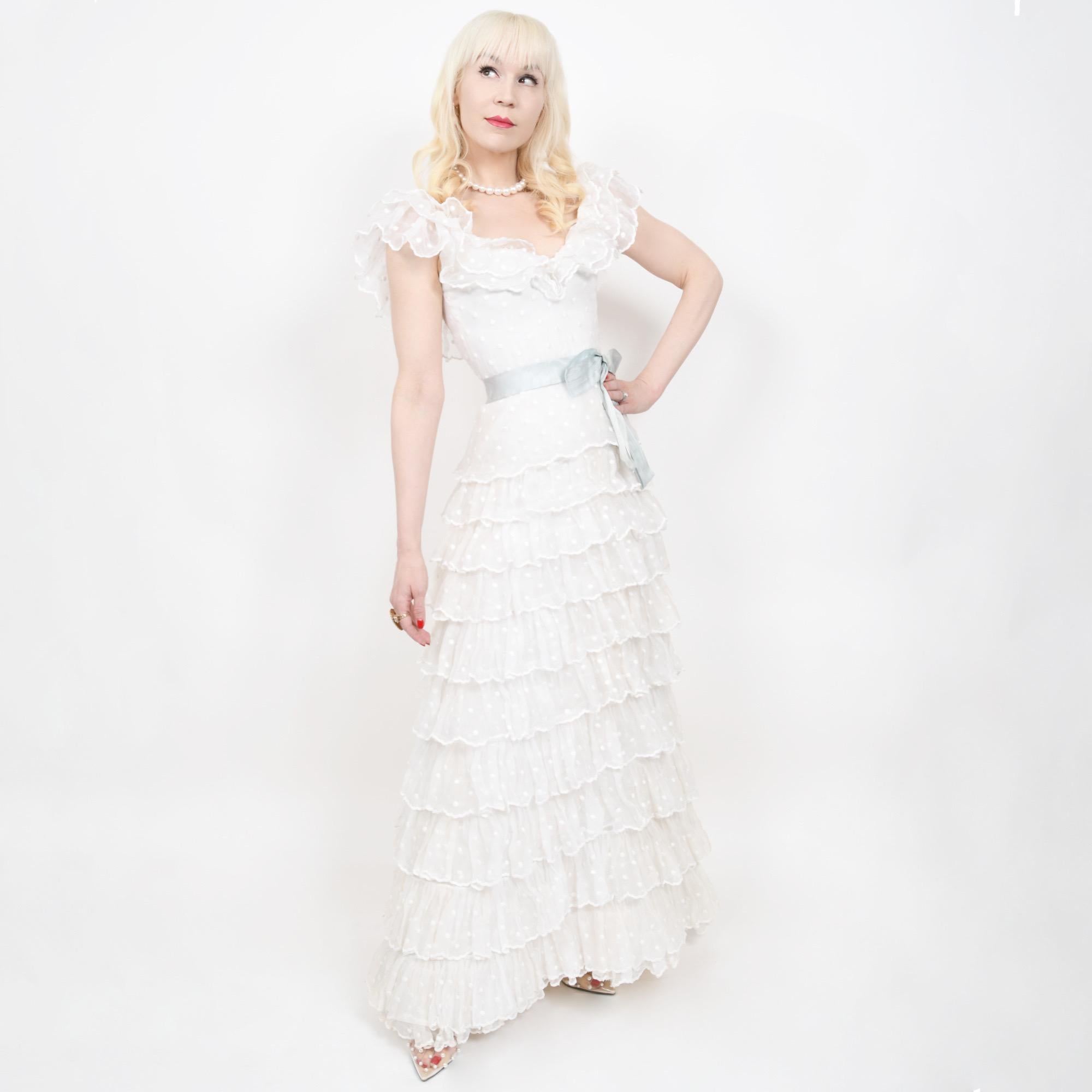 1975 Chanel Haute Couture Embroidered Organza Off-Shoulder Tiered Bridal Gown 13