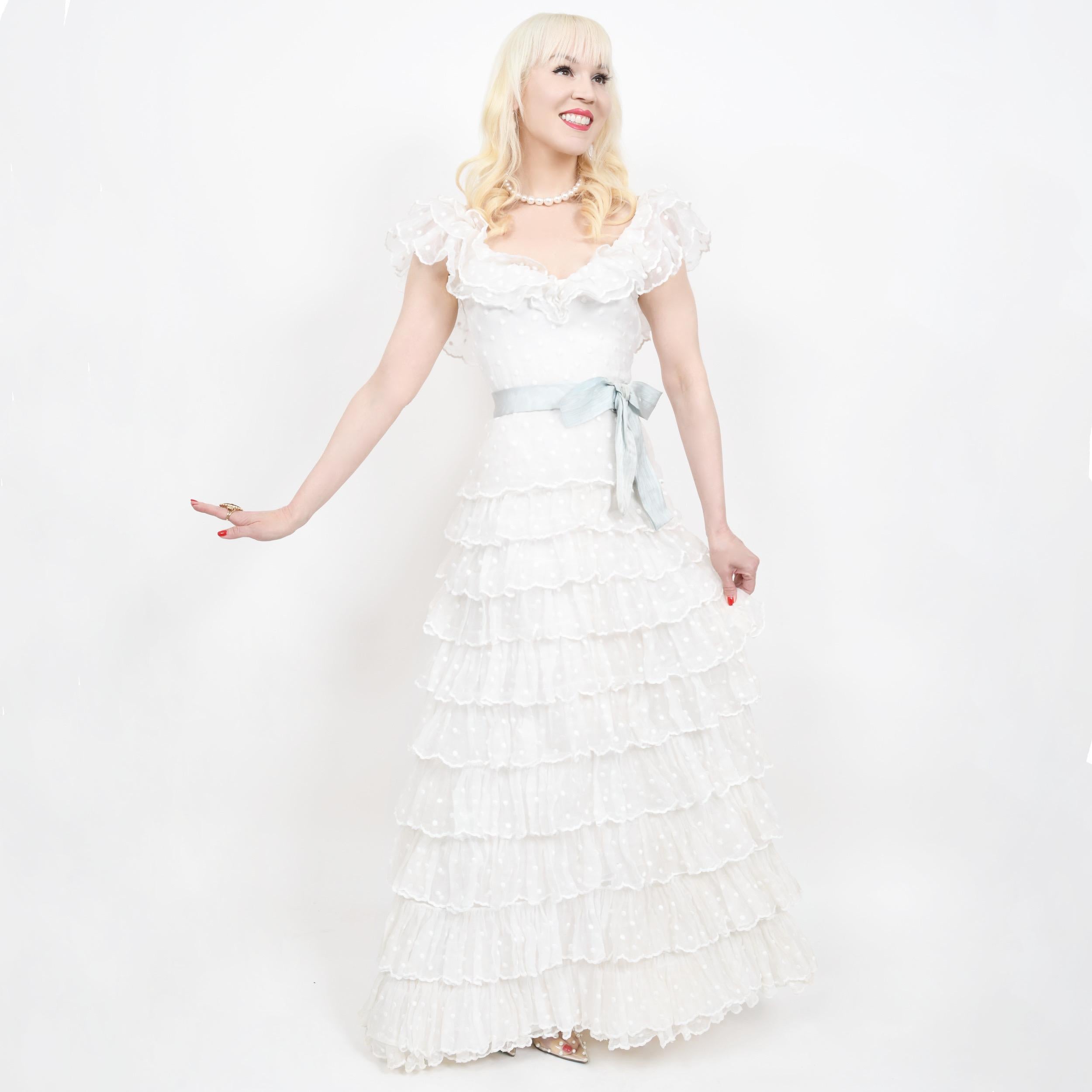 1975 Chanel Haute Couture Embroidered Organza Off-Shoulder Tiered Bridal Gown 12