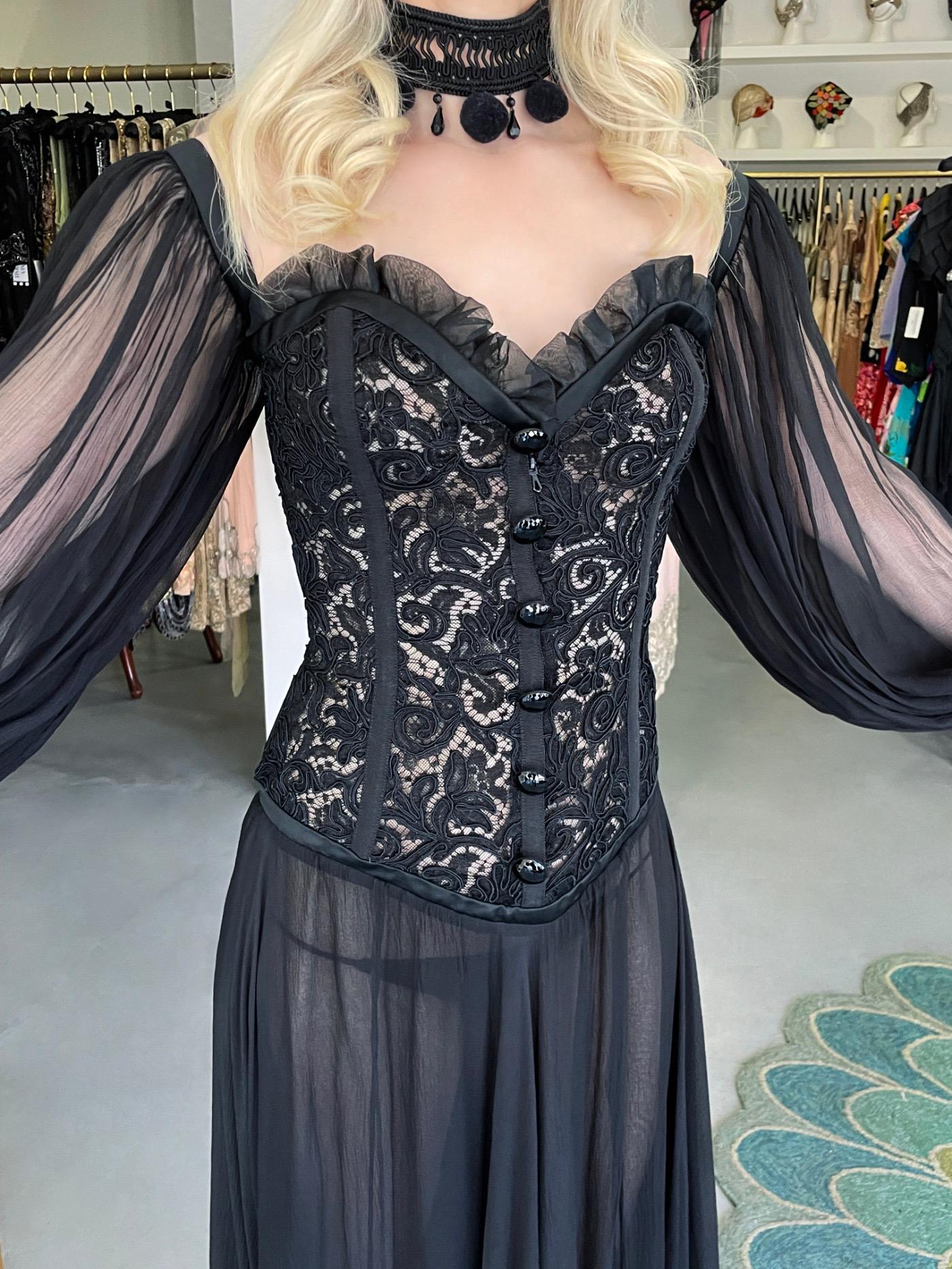 1988 Yves Saint Laurent Documented Black Sheer Silk & Boned Lace Bustier Dress 1