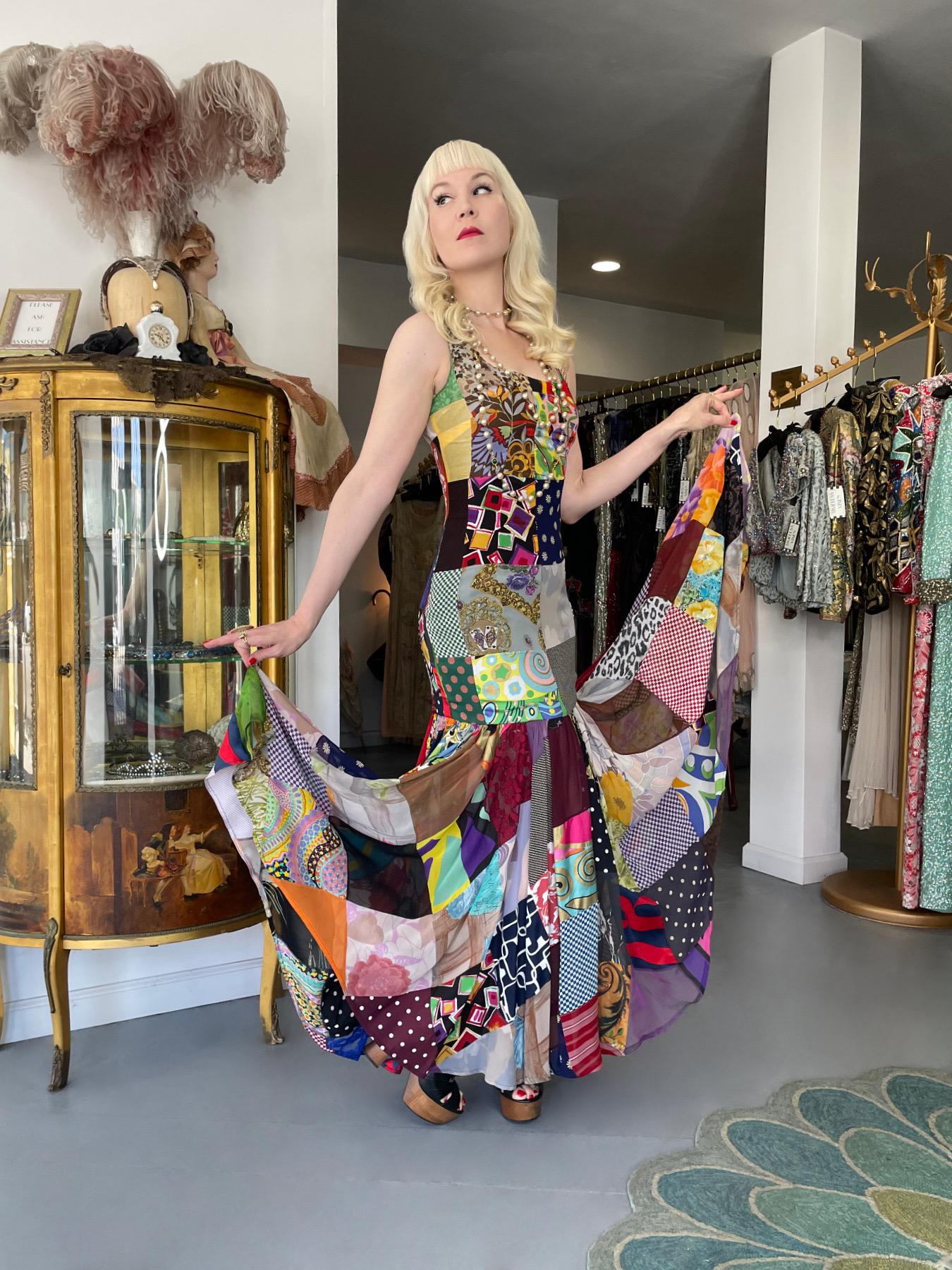1993 Dolce & Gabbana Documented Colorful Patchwork Hourglass Flounce Silk Gown For Sale 13