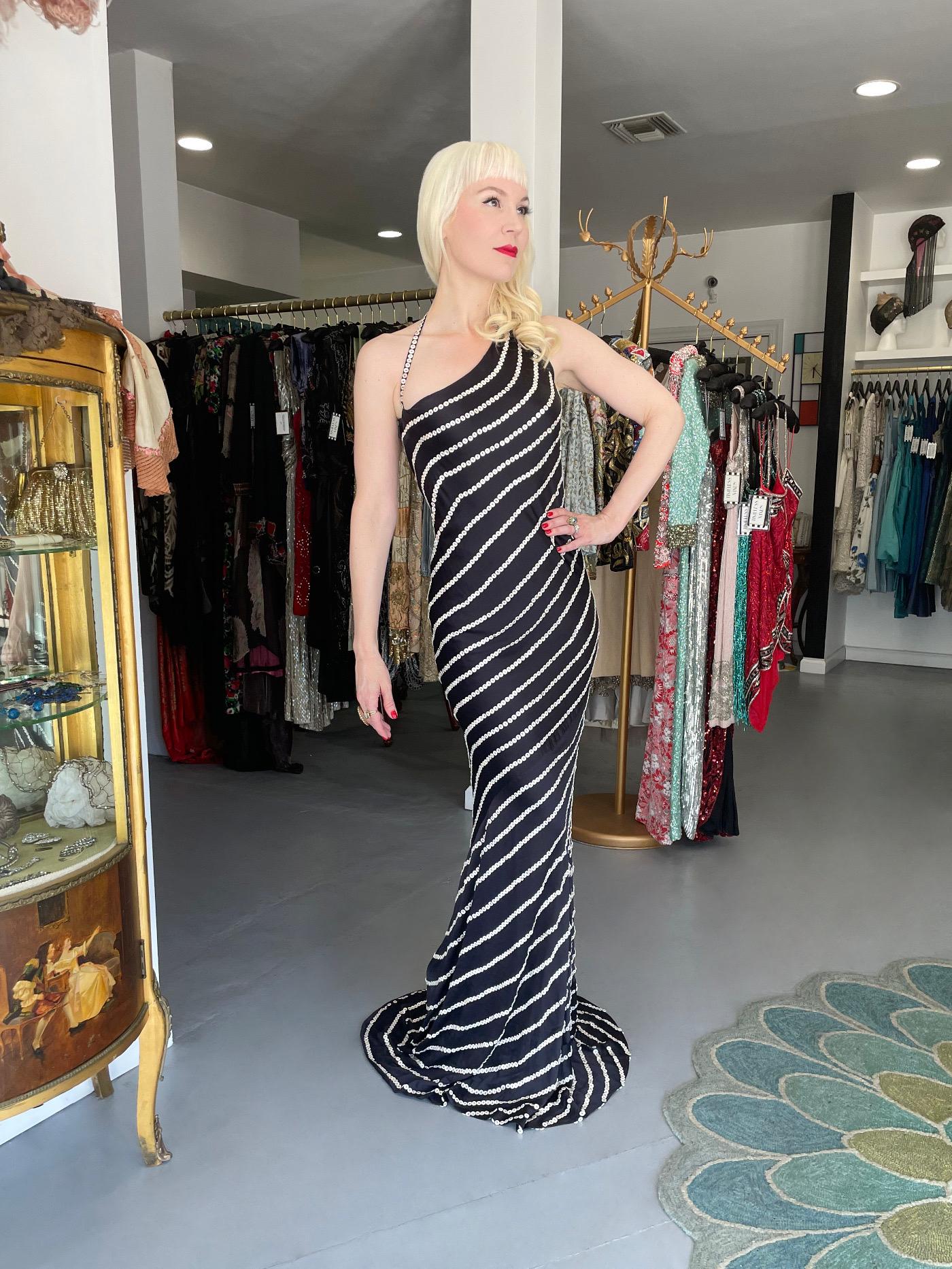 2003 Alexander McQueen Navy Blue Silk Button Embellished Stripes Bias-Cut Gown 14