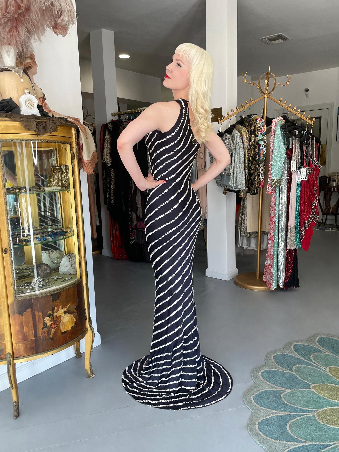 2003 Alexander McQueen Navy Blue Silk Button Embellished Stripes Bias-Cut Gown 15