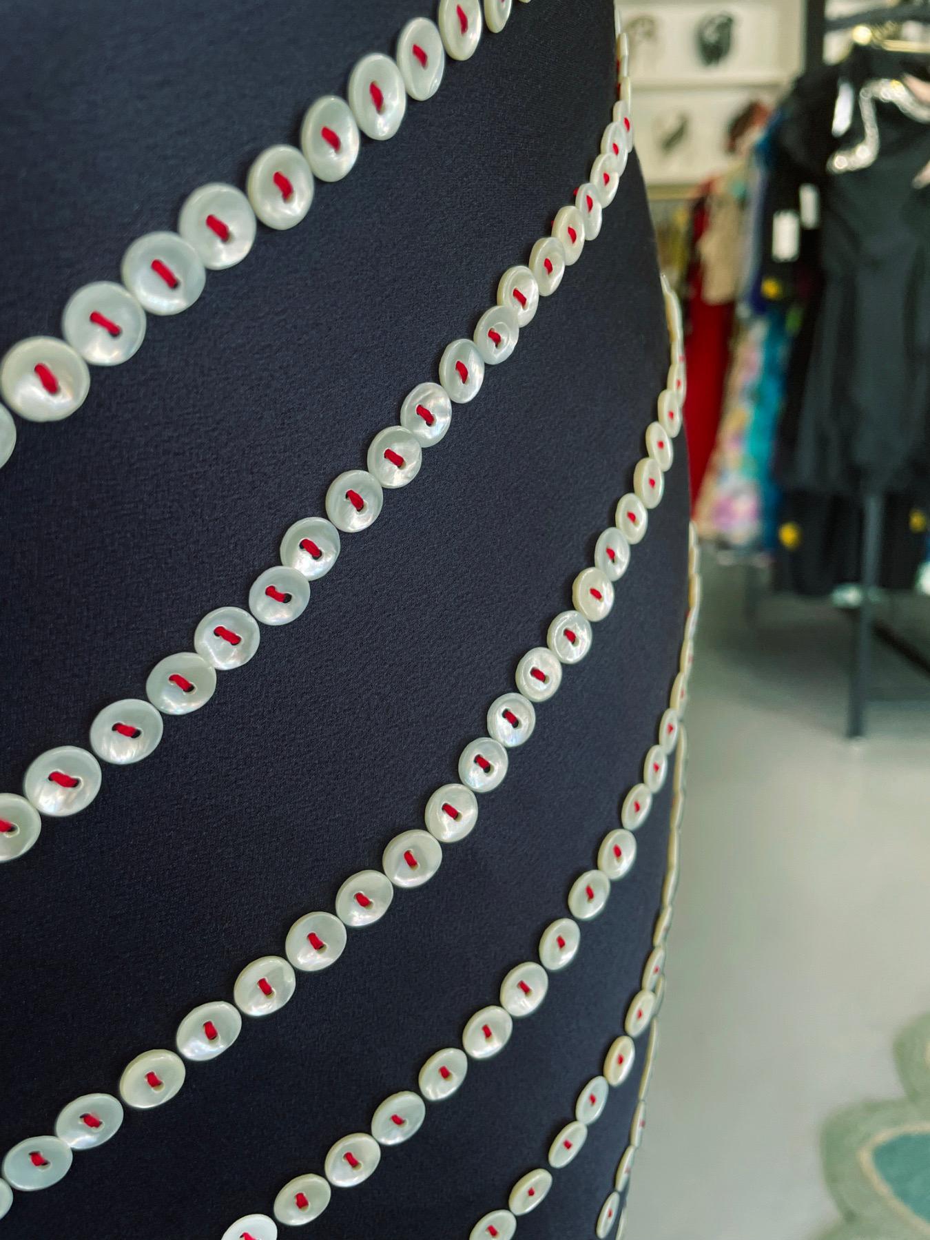 2003 Alexander McQueen Navy Blue Silk Button Embellished Stripes Bias-Cut Gown 2