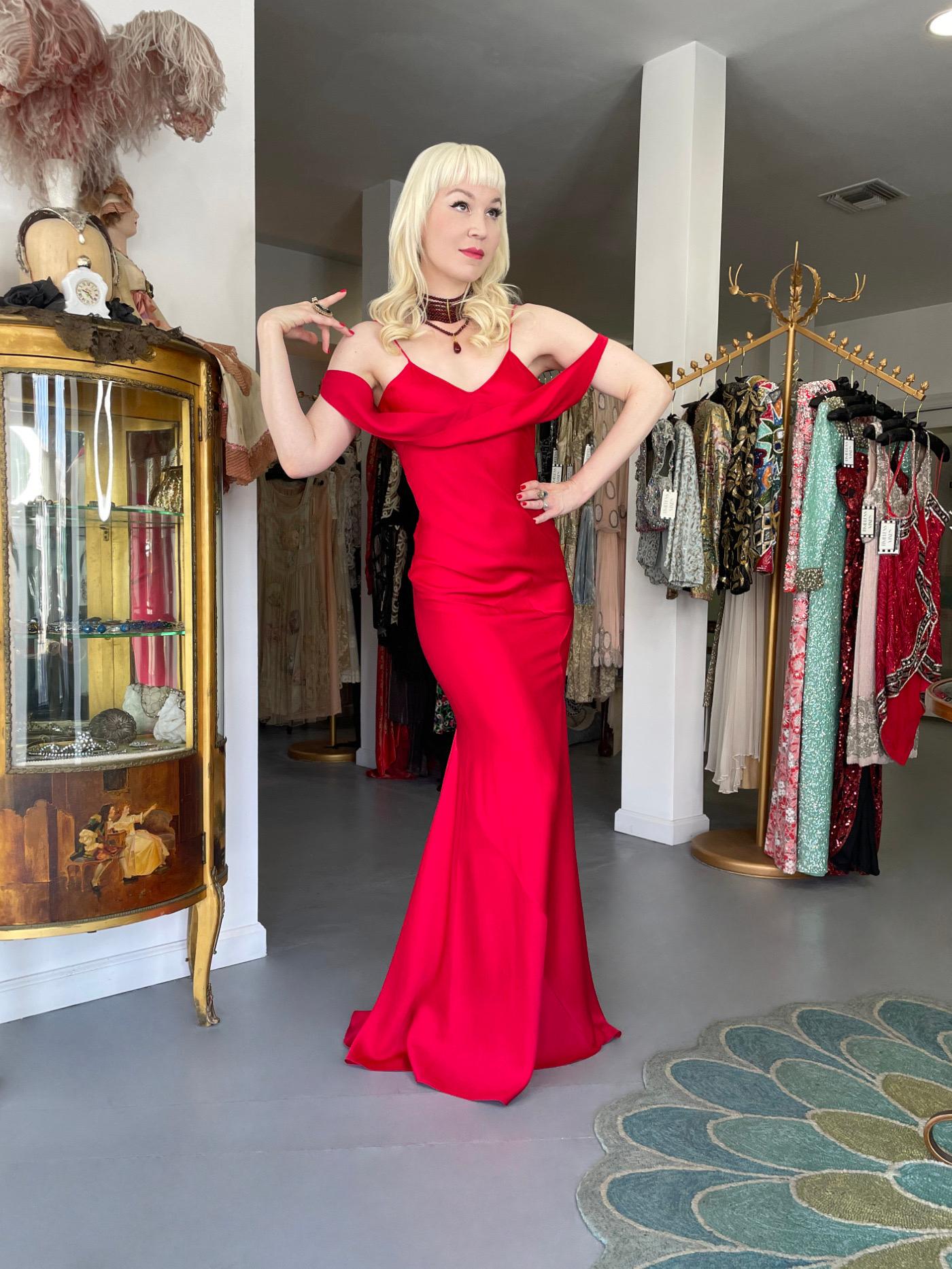 Rare 1994 John Galliano Ruby Red Off Shoulder Bias-Cut Gown Worn by Raquel Welch In Good Condition In Beverly Hills, CA