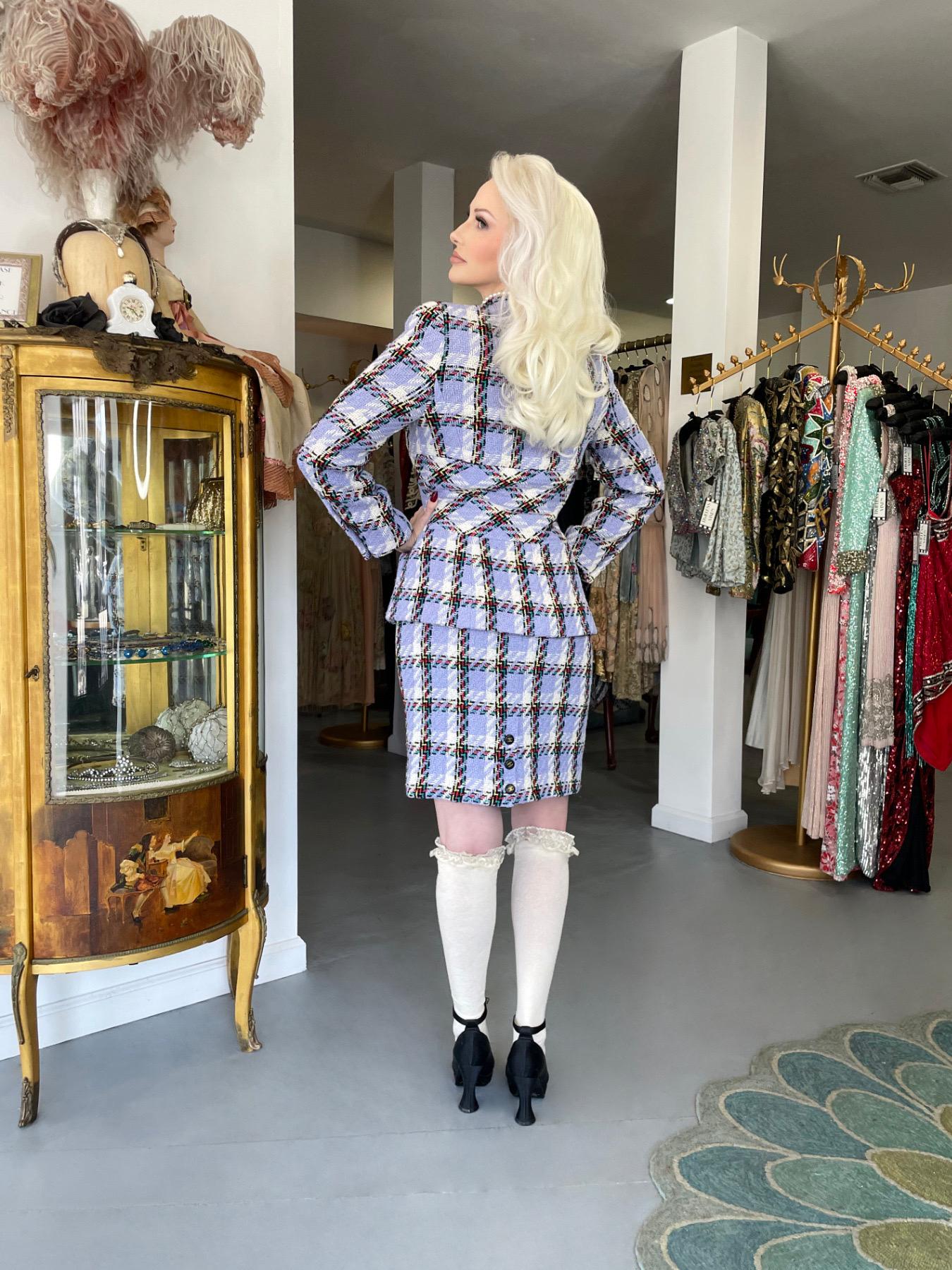 1995 Chanel by Karl Lagerfeld Runway Periwinkle Plaid Wool Barbie Jacket & Skirt 13
