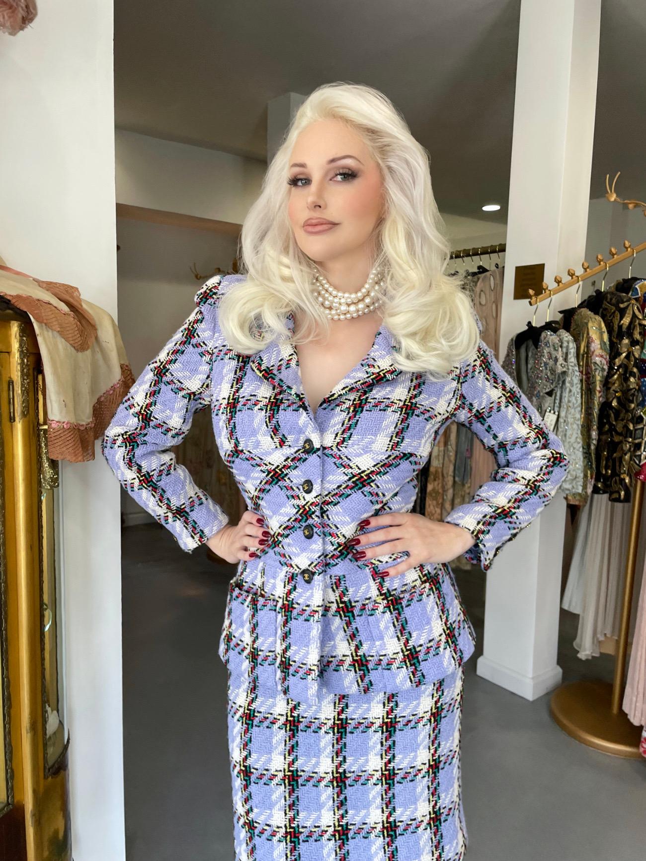 1995 Chanel by Karl Lagerfeld Runway Periwinkle Plaid Wool Barbie Jacket & Skirt In Good Condition In Beverly Hills, CA