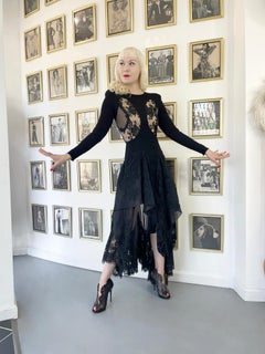 2010 Alexander McQueen Lifetime Black Crepe & Sheer Illusion Lace High-Low Gown