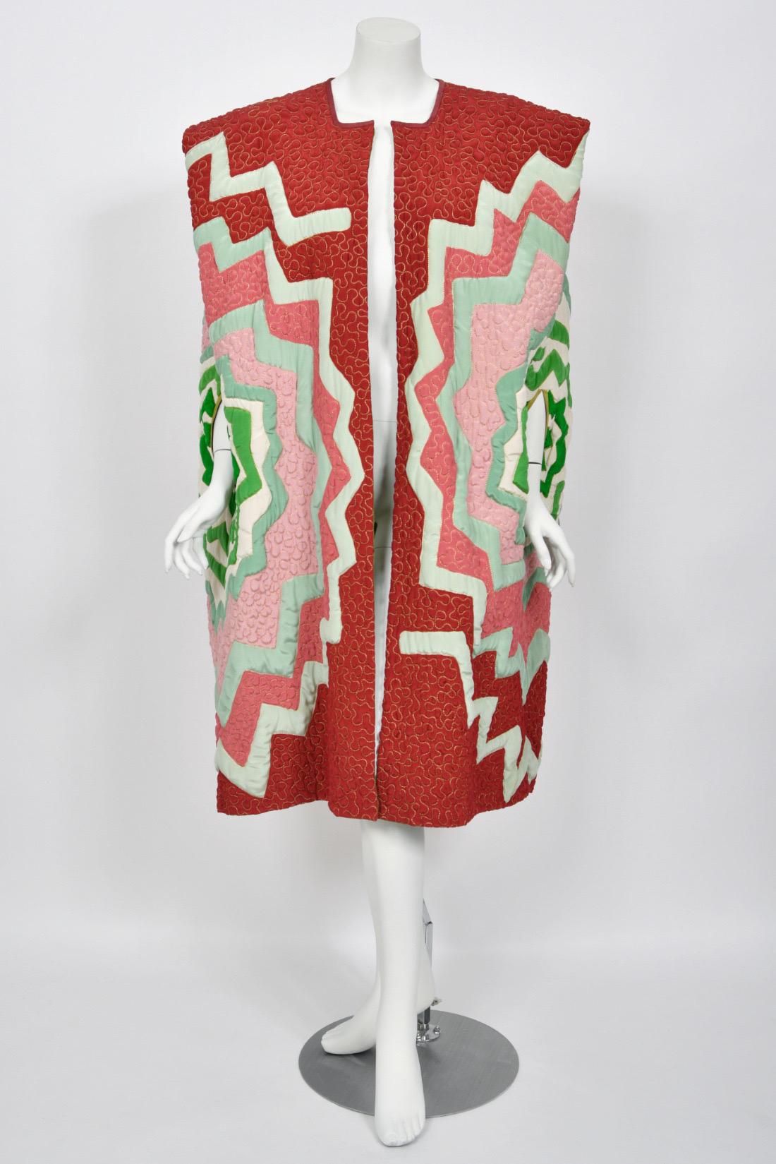 1980's Michaele Vollbracht Couture Iconic Metallic Embroidered Graphic Silk Cape For Sale 2