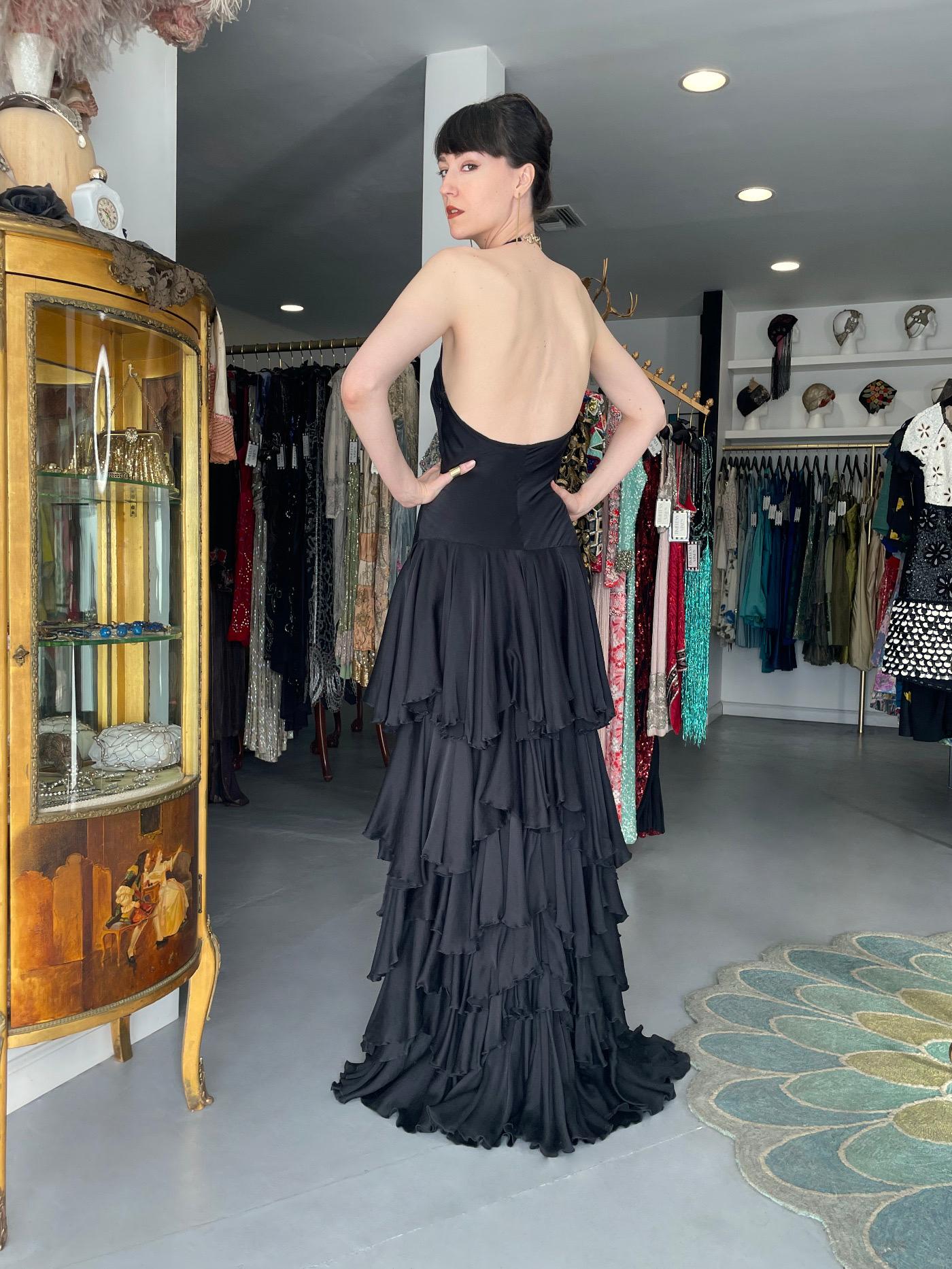 2006 Alexander McQueen Lifetime Black Silk Halter Bias-Cut Tiered Ruffle Gown 15