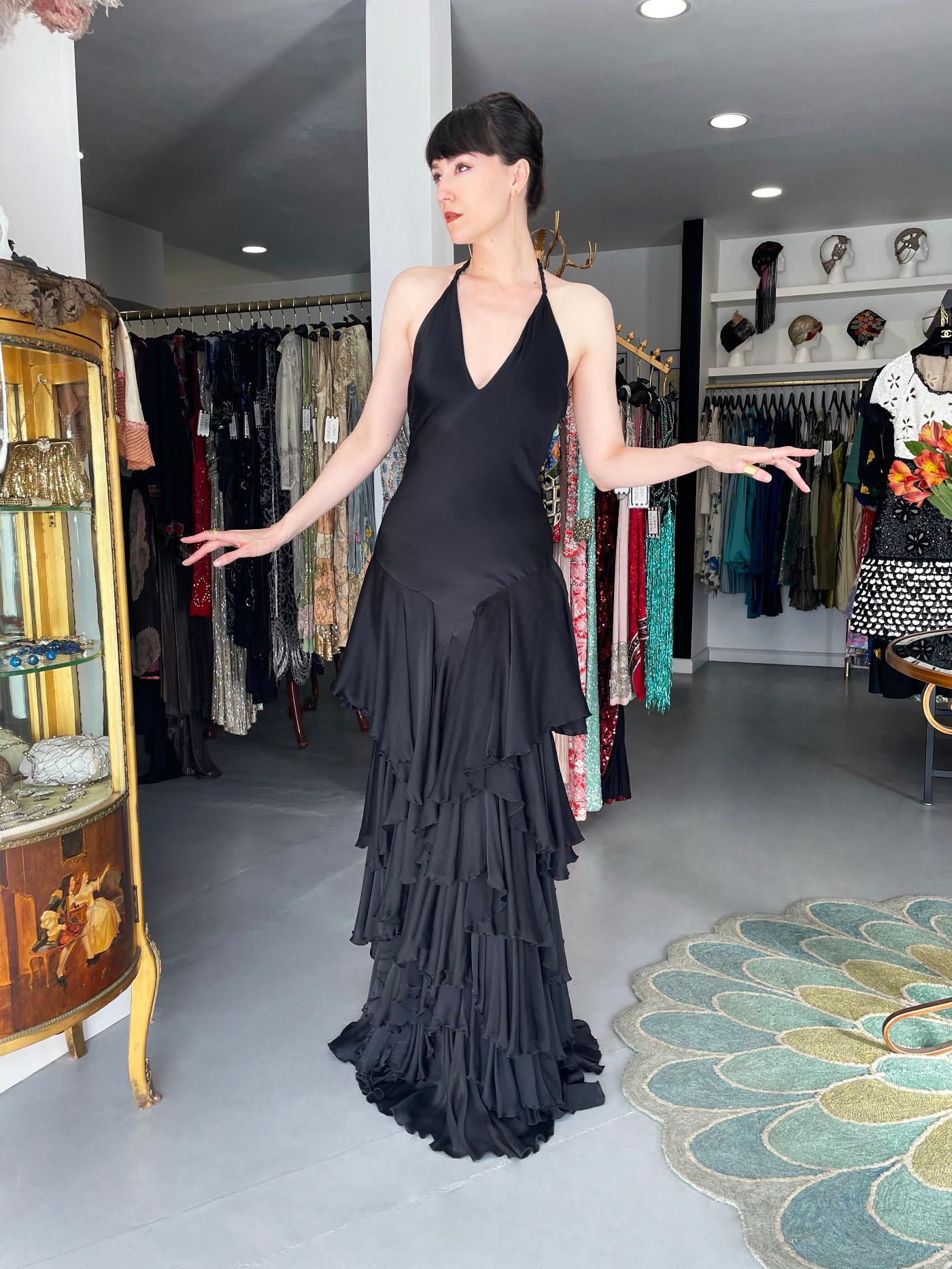 2006 Alexander McQueen Lifetime Black Silk Halter Bias-Cut Tiered Ruffle Gown In Good Condition In Beverly Hills, CA