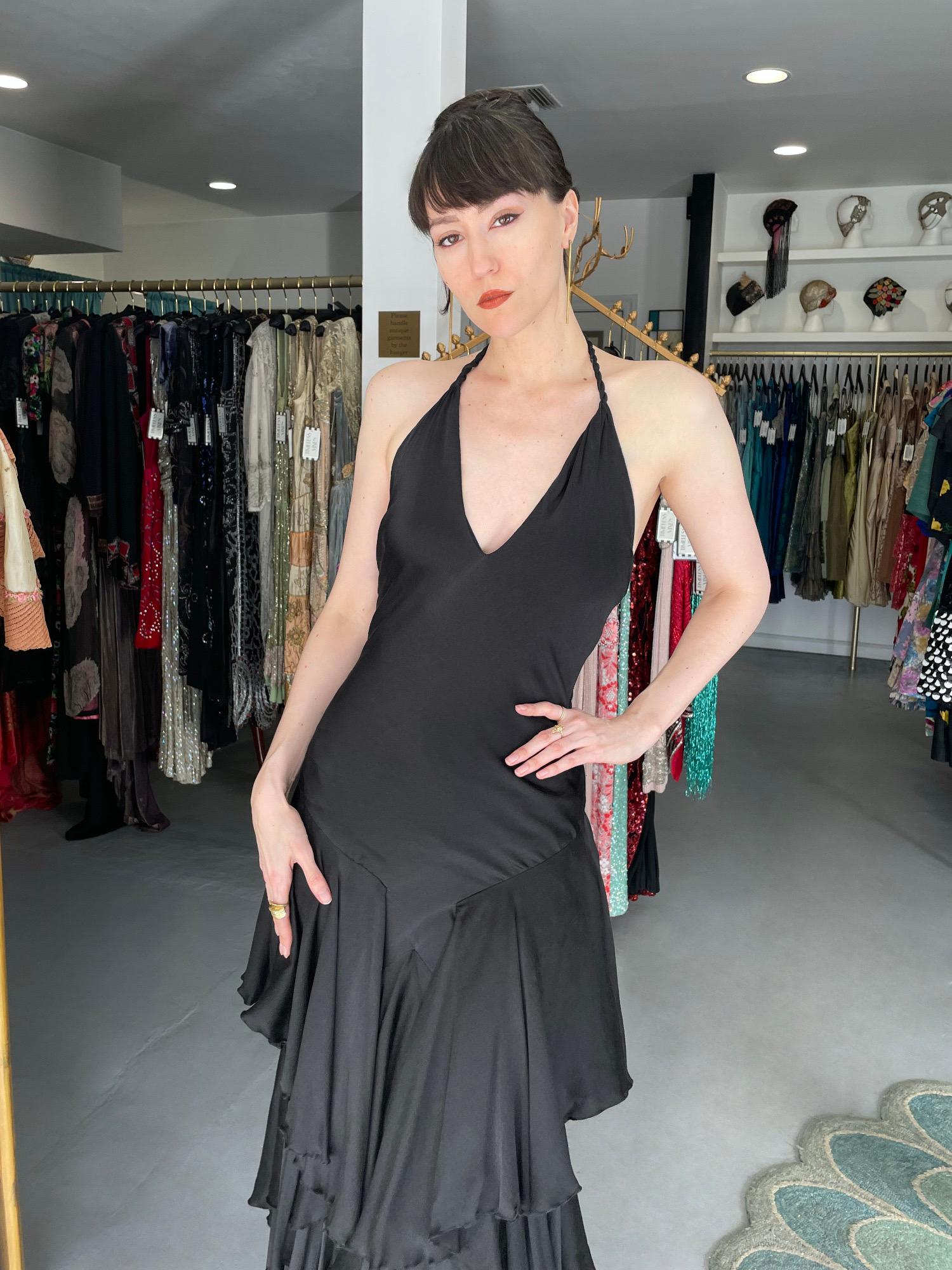 Women's 2006 Alexander McQueen Lifetime Black Silk Halter Bias-Cut Tiered Ruffle Gown
