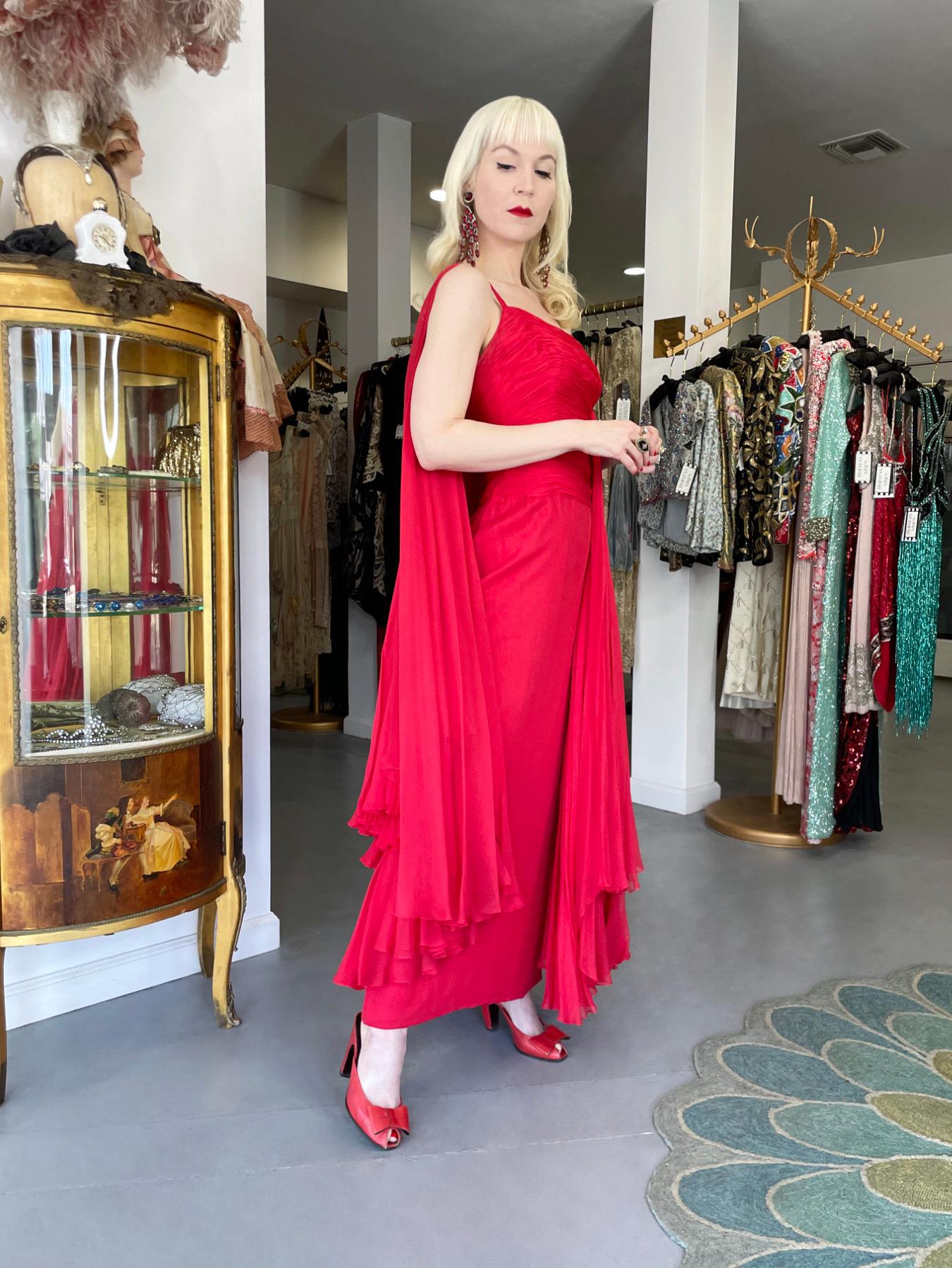 1960s Martha Weathered Couture Ruby-Red Pleated Silk Draped Grecian Goddess Gown For Sale 8
