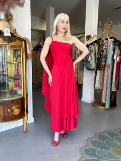 1960s Martha Weathered Couture Ruby-Red Pleated Silk Draped Grecian Goddess Gown