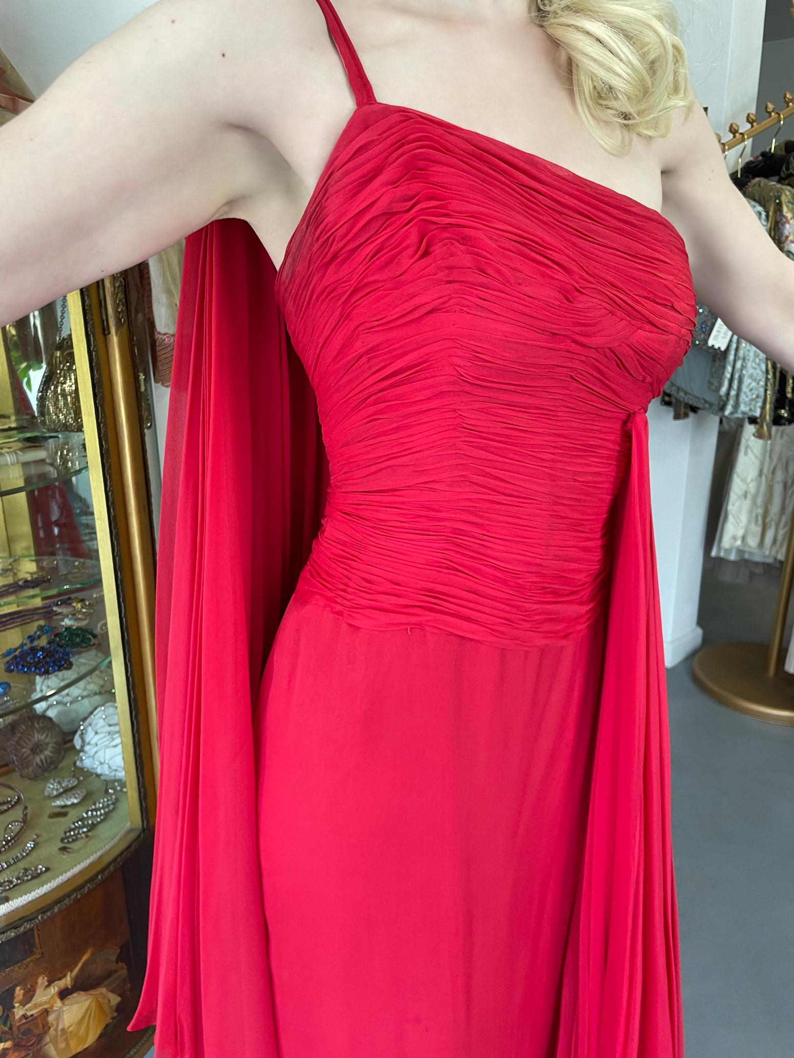 1960s Martha Weathered Couture Ruby-Red Pleated Silk Draped Grecian Goddess Gown For Sale 2