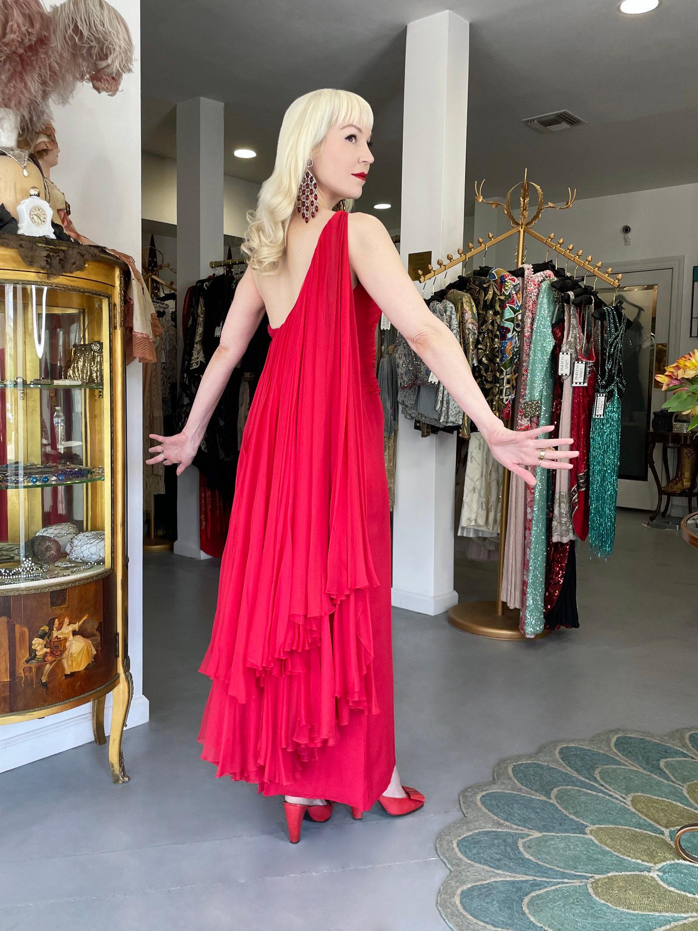 1960s Martha Weathered Couture Ruby-Red Pleated Silk Draped Grecian Goddess Gown For Sale 12