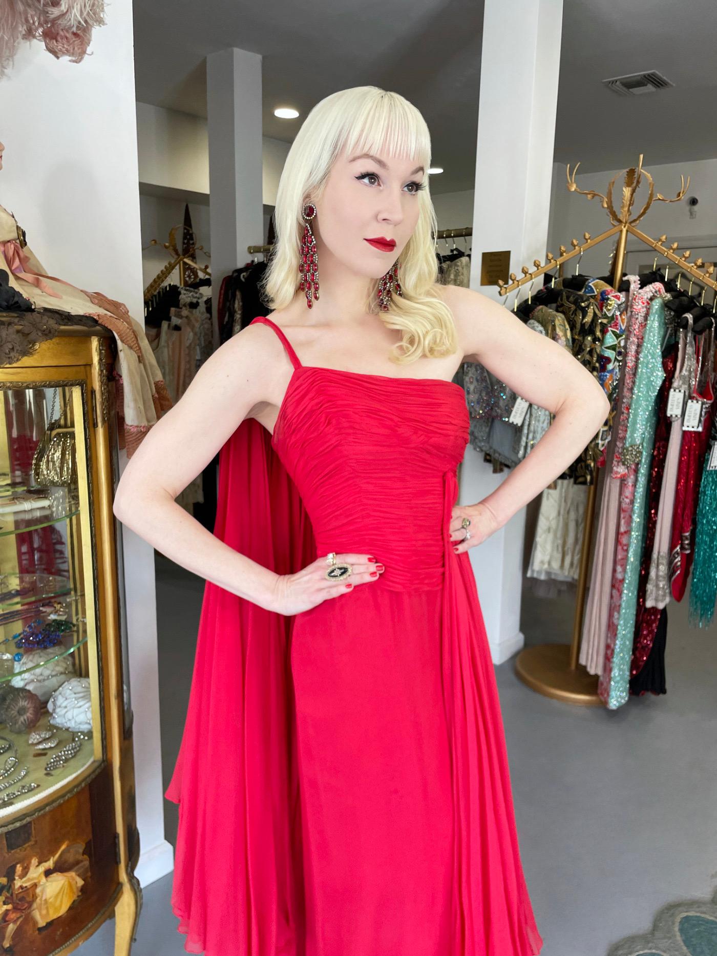 1960s Martha Weathered Couture Ruby-Red Pleated Silk Draped Grecian Goddess Gown For Sale 1