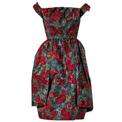 1950's Claire Schaffel Watercolor Floral-Print Silk Peplum Cocktail Party Dress 6