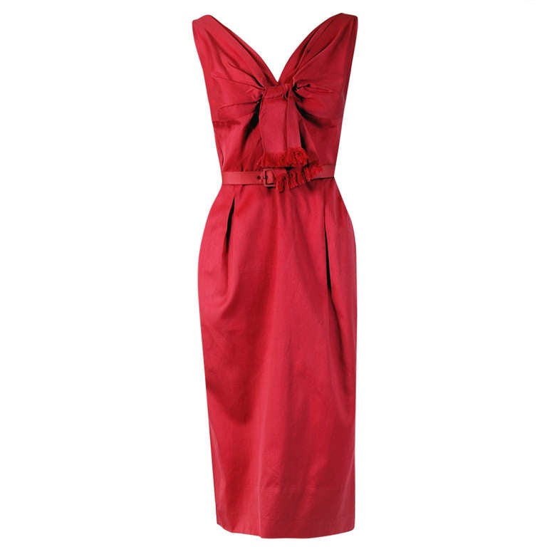 1955 Christian Dior Original Pink Polished Cotton Belted Wiggle Dress ...